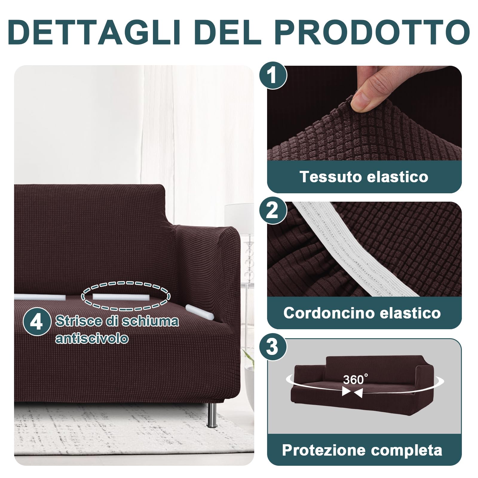 BellaHills Impermeabile Copridivano Grande 3 Posti Con Braccioli(215-250cm), Super Elasticizzato Copri Divano, Copridivani Antiscivolo Antimacchia, Universale Sofa Cover Moderno, Marrone