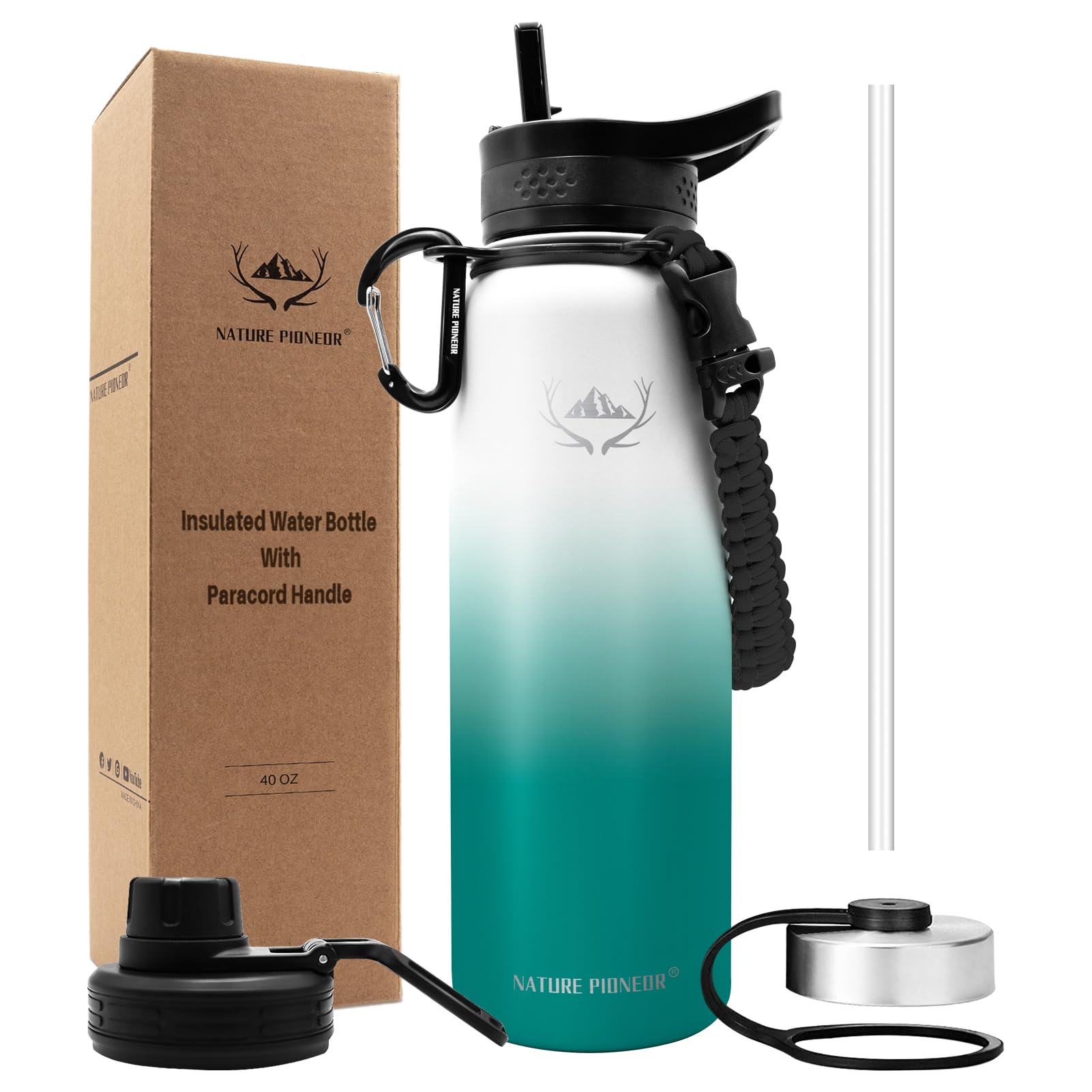 NATURE PIONEOR Isolierflasche 1,2 L – Edelstahl, 3 Deckel, Paracord-Griff & 24h Heiß / 48h Kalt
