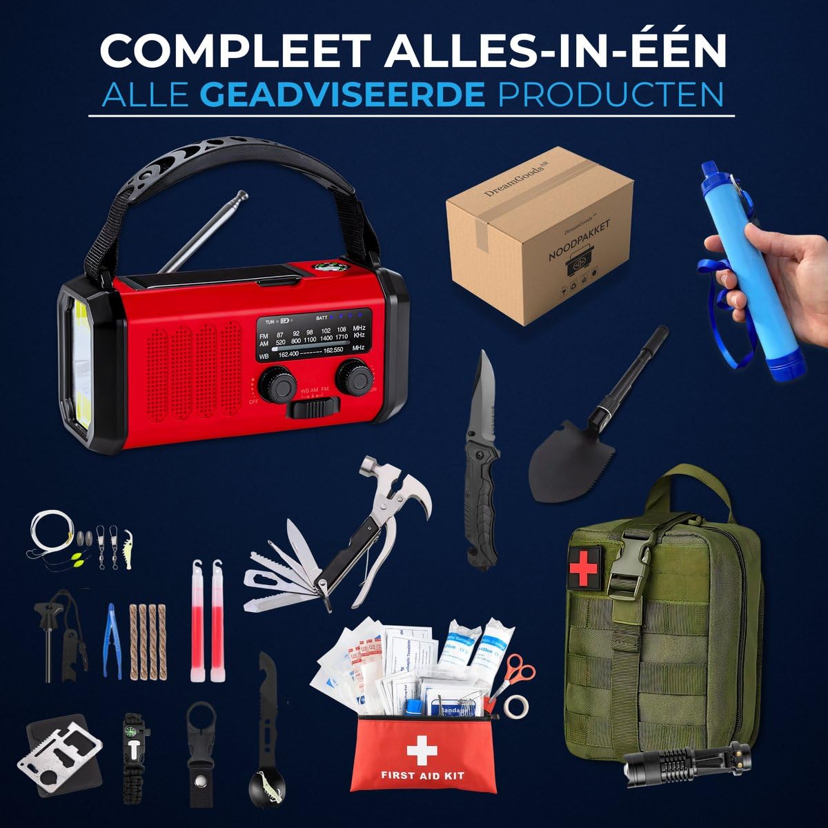 DreamGoods Notfall-Paket - Komplettpaket - 72+ Stunden Überlebenspaket - Stromausfall, Krieg & Notfälle - Katastrophenrucksack - Survival Kit - Notfallradio solar aufziehbar - Notfallbeutel - Messer