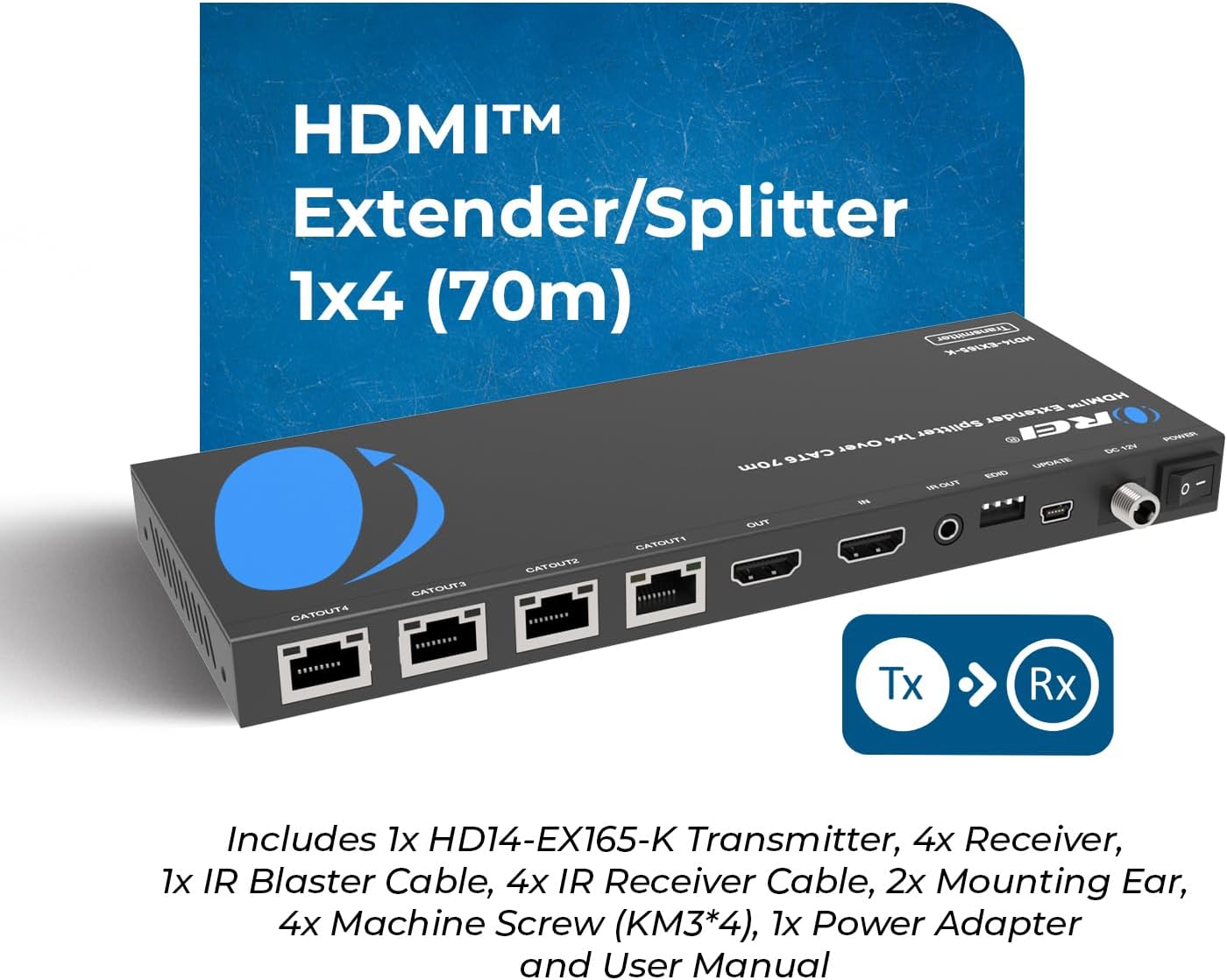 OREI 4K 1x4 HDMI Extender Splitter Over CAT6/7 Ethernet Cable Up to 4K@30Hz upto 165 ft-1080P@60Hz upto 230 ft, IR control, EDID, HDMI Loop Out (HD14-EX165-K) - Image 9