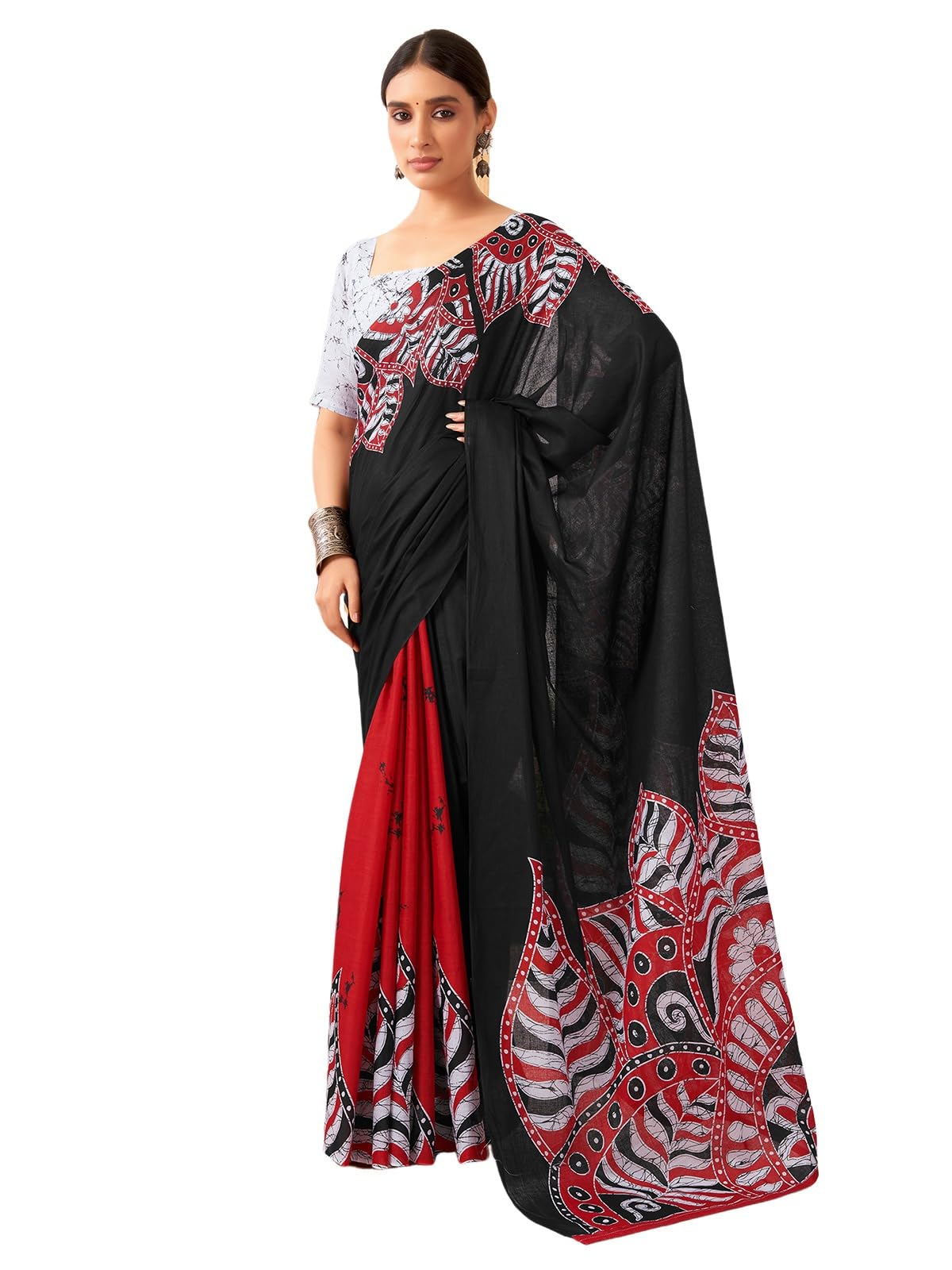 Satrani Women's Pure Cotton Printed Saree With Unstitched Blouse Piece (3884S370N_Black & Red)