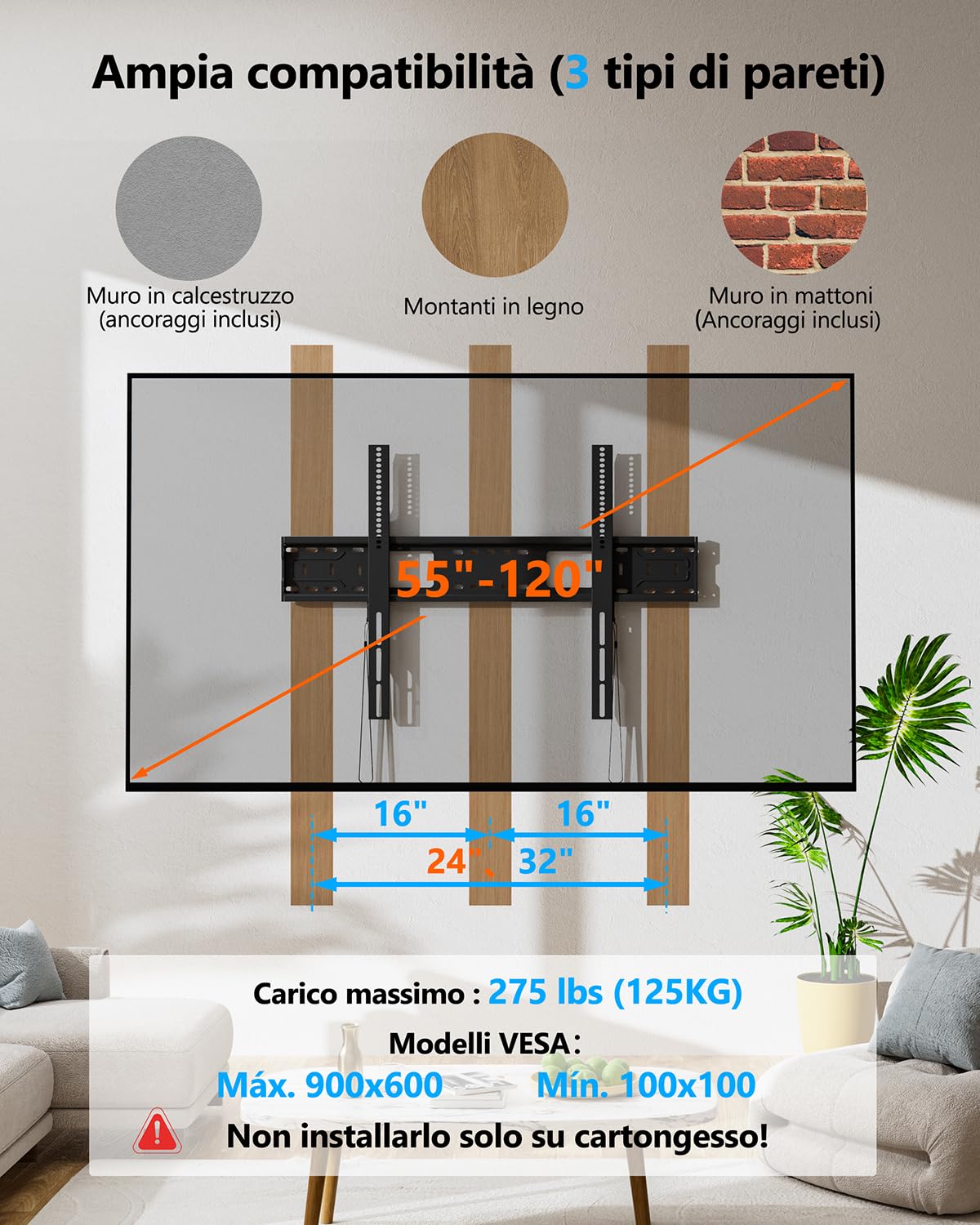 Supporto TV Parete Fisso Ultra-sottile Televisore 55-120", Universale Staffe TV per LCD LED e Curvi Pollici, Braccio TV max. VESA 900x600 mm, Fino a 125 kg, Livella Bolla e Fascette Incluse