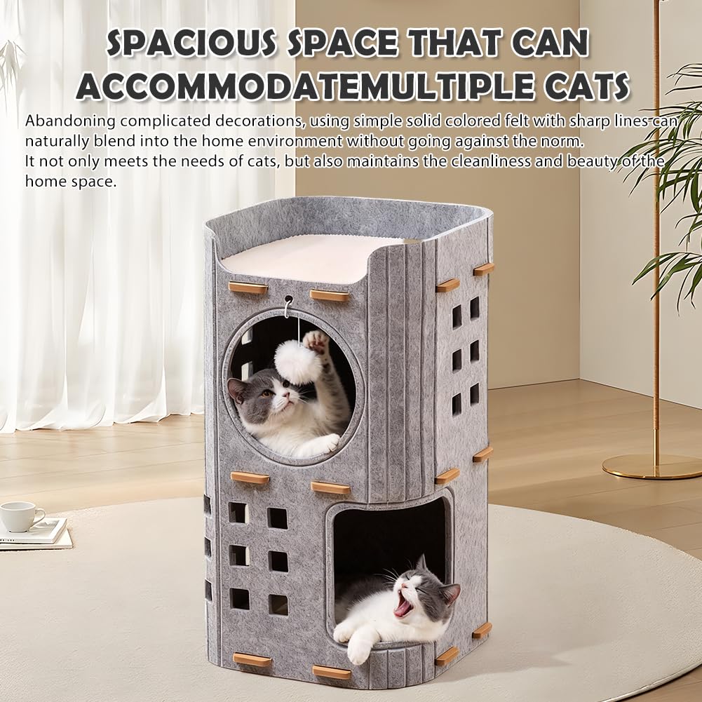 Cueva para gatos de fieltro de 3 pisos, 90 x 37 x 37 cm, cama para gatos, casa para gatos de interior con pelota de juego, castillo para gatos para jugar, cueva para gatos plegable y cálida para
