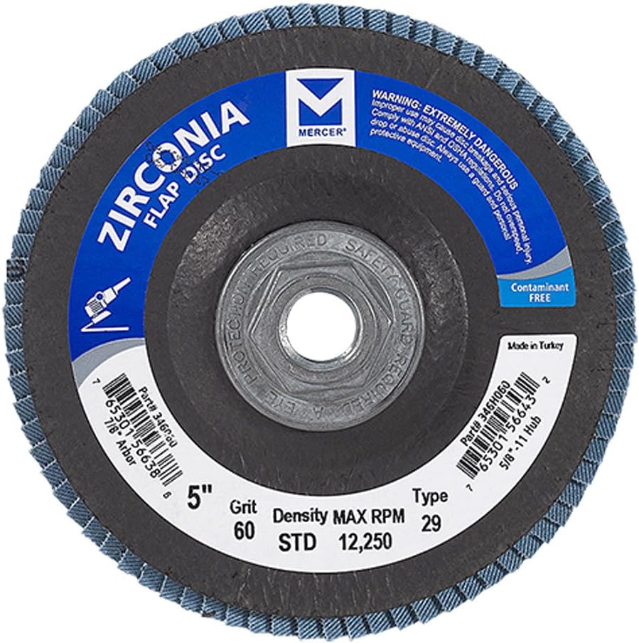 Mercer Industries 346H060 Zirconia Flap Disc, Type 29, 5 x 5/8-11, Grit 60, 10 Pack