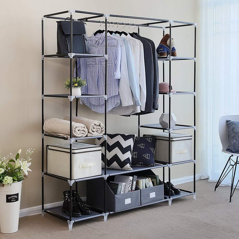 Bonnlo Armoire Tissu,avec Penderie et Étagères,Stable,Armoire de Rangement,150x45x175cm,Beaucoup de Rangement,Pliable,Gris