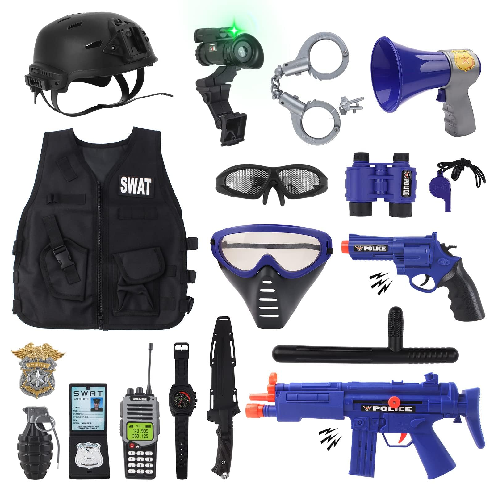 deAO Police Officer Costume for Kids Role Play Set with a Storage Backpack Vest Helmet Policeman Outfit Toys for Kids Halloween Birthdays Christmas Gift