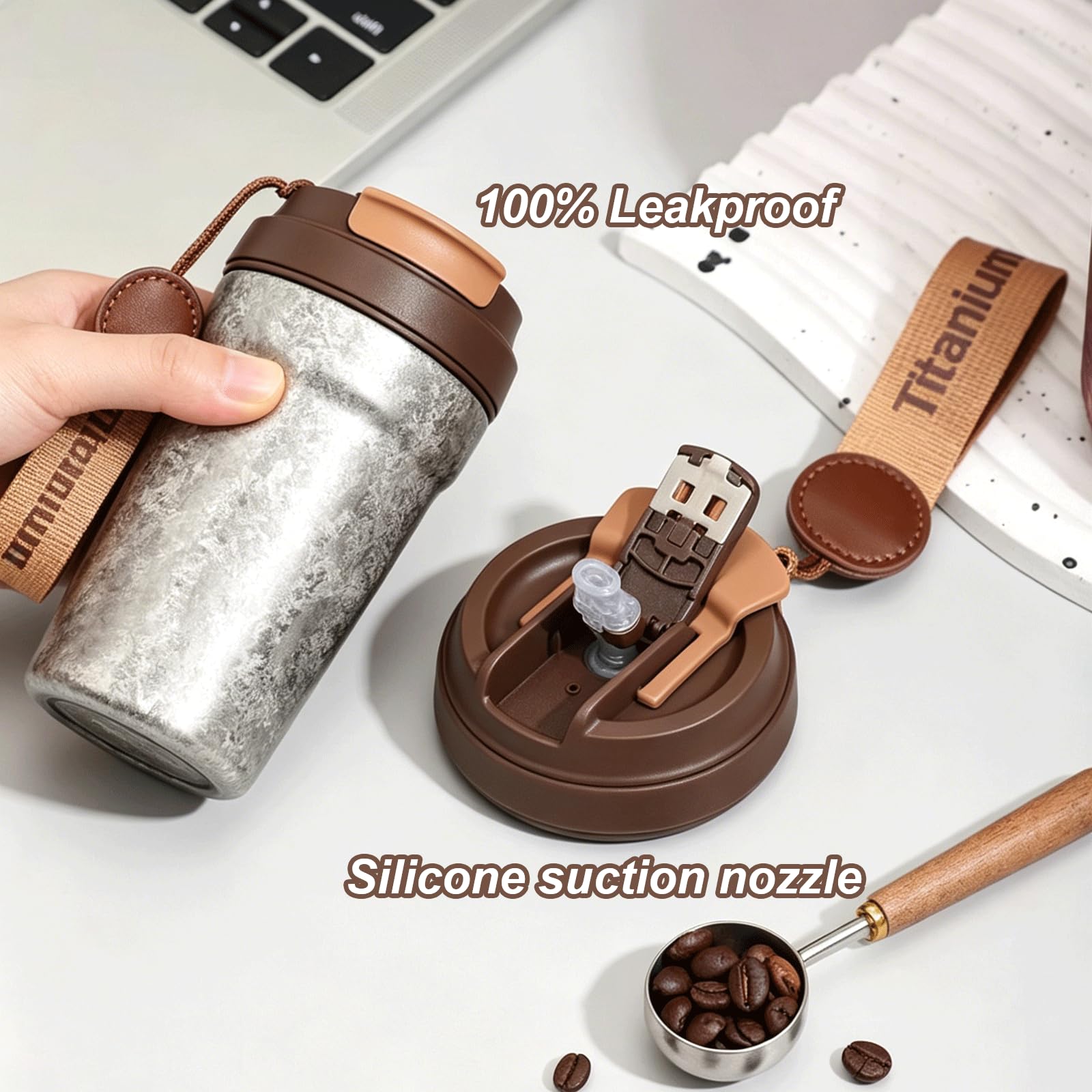 Titan Thermobecher mit Trinkhalm, 400 ml, Kaffeebecher to Go mit Deckel, vakuumisoliert & auslaufsicher, doppelwandiger Reisebecher für warme und kalte Getränke, Grün