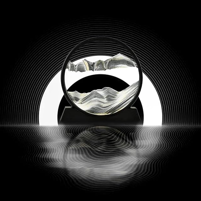 WenZBros 3D Dynamic Sand Art Liquid Motion, Moving Sand Art Picture Round Glass 3D Deep Sea Sandscape in Motion Display Flowing Sand Frame Relaxing Desktop Home Office Work Decor (Black, 7 inch)