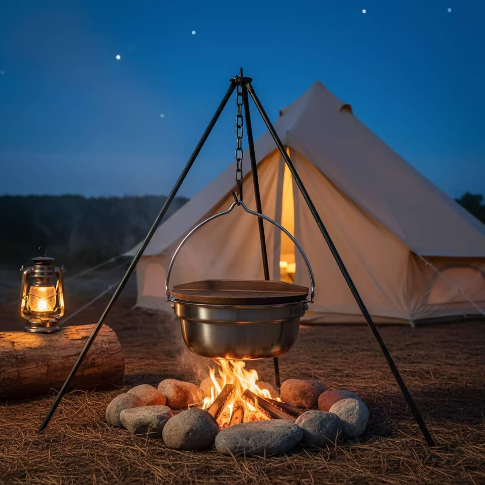 Olla Acero Inoxidable con Tapa Multifuncional Olla Colgante Ergonómico Puchero con Asa para Campistas, Fogata, Camping, 24cm, Olla Colgante Multifuncional De 24cm, Modelo A