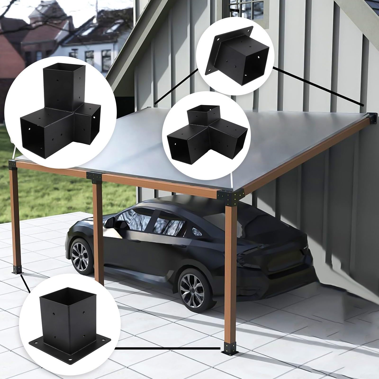 Schrägdach-Pergola-Wandhalterung für 10,2 x 10,2 cm Pfosten, robustes Stahl-3-Wege-Eck-Set mit Befestigungsmaterial, Schwarz (Rechts 15°-Set)
