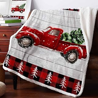 Merry Christmas Sherpa Fleece Throw Blanket, Red Car Xmas Tree Brown Wood Plaid Super Soft Cozy Plush Blanket for Couch Sofa, Reversible Winter Warm Bed Throws, 50'' x 80''