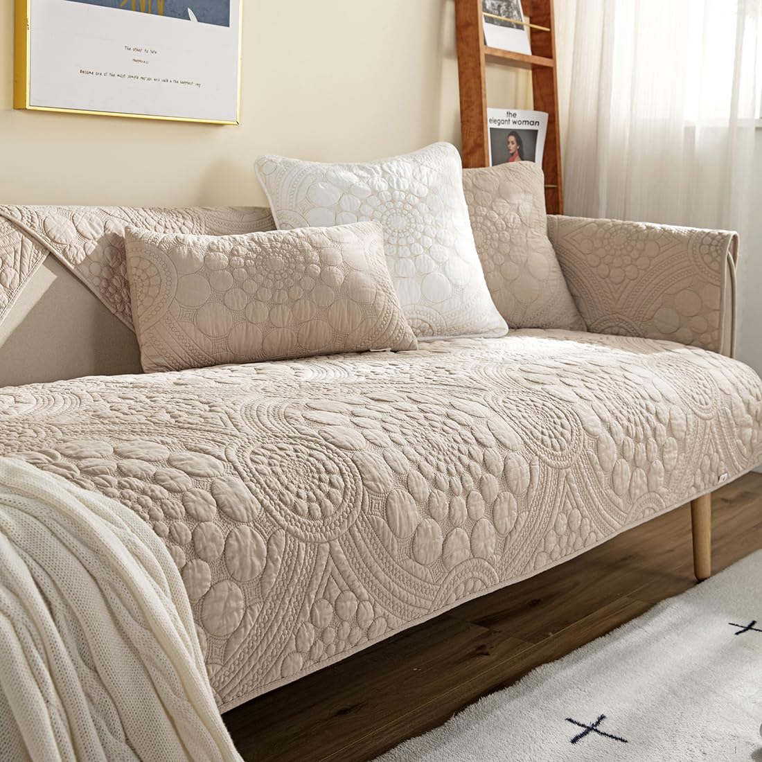 Boho Circle Embroidery Couch Sofa Cover Solid Color Cotton Quilted Non-Slip Sectional Couch Covers Sofa Slipcover for Dogs, Children, Pets Furniture Protector (Khaki,28"x28")