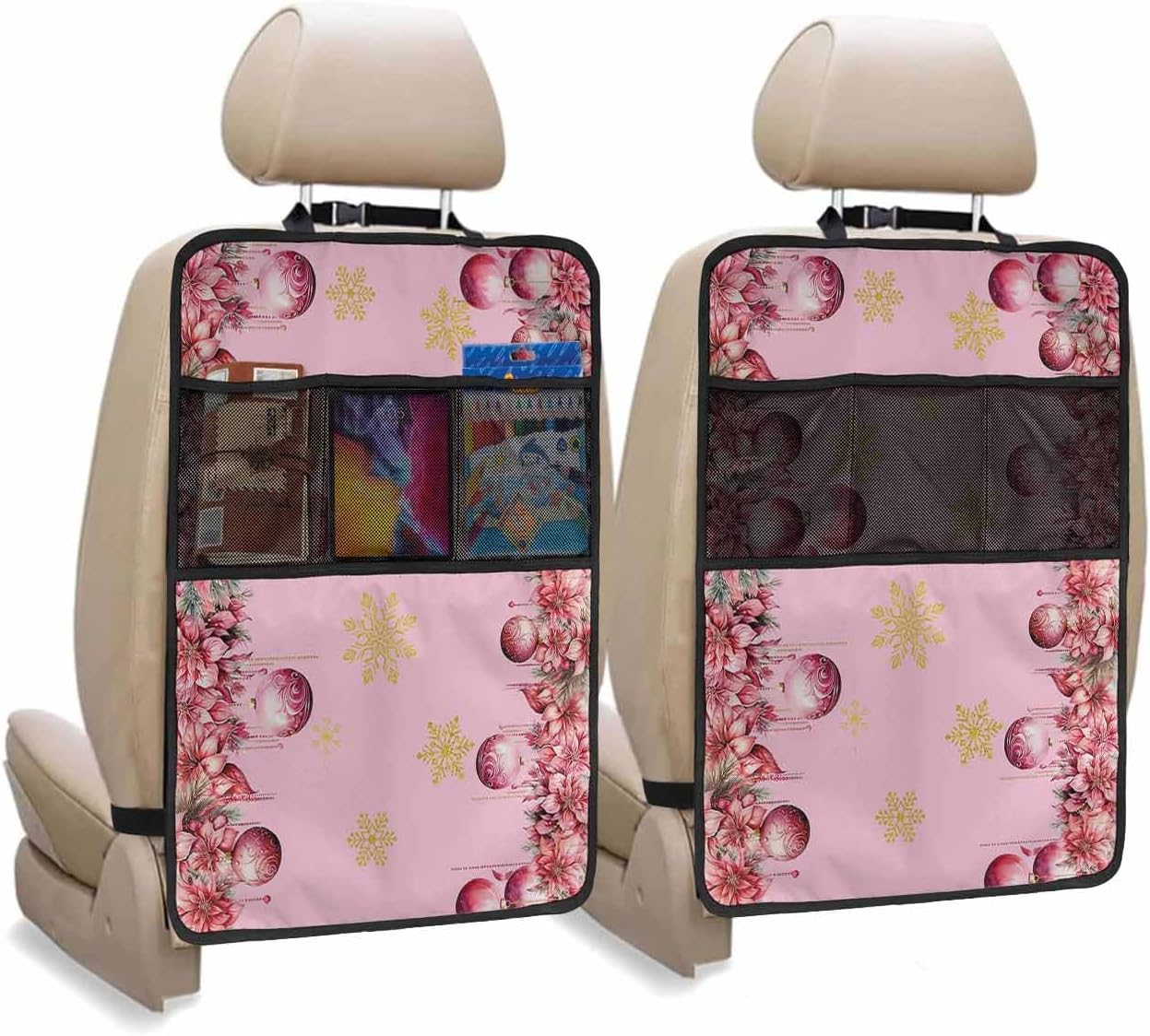 Car Seat Protector, 2 Pack Kick Mats Back Seat Protector Pink Christmas Balls Poinsettia Floral Winter Snowflake Red Waterproof Backseat Cover for Kids Universal Fit Automotive Interior Protectors