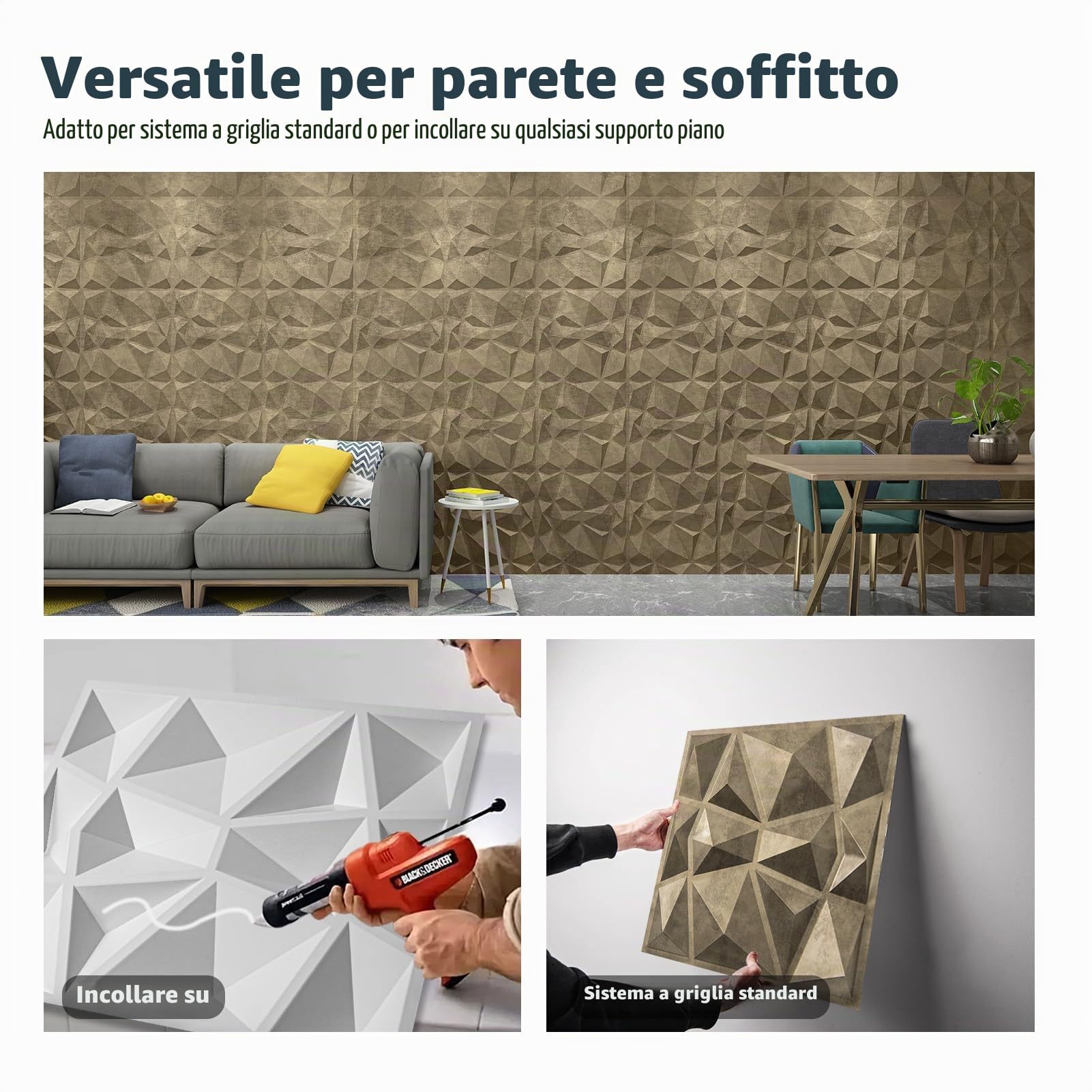 Art3d Textures - Pannelli da parete 3D con motivo a rombi in oro antico, per decorazione di pareti interne, confezione da 12 piastrelle da 3㎡ (PVC) | 12 Pezzi, PVC Rigido, 3 m², 50 x 50 cm | Impermeabile, Inodore | Ideale per Soggiorno, TV, Ufficio e Soff