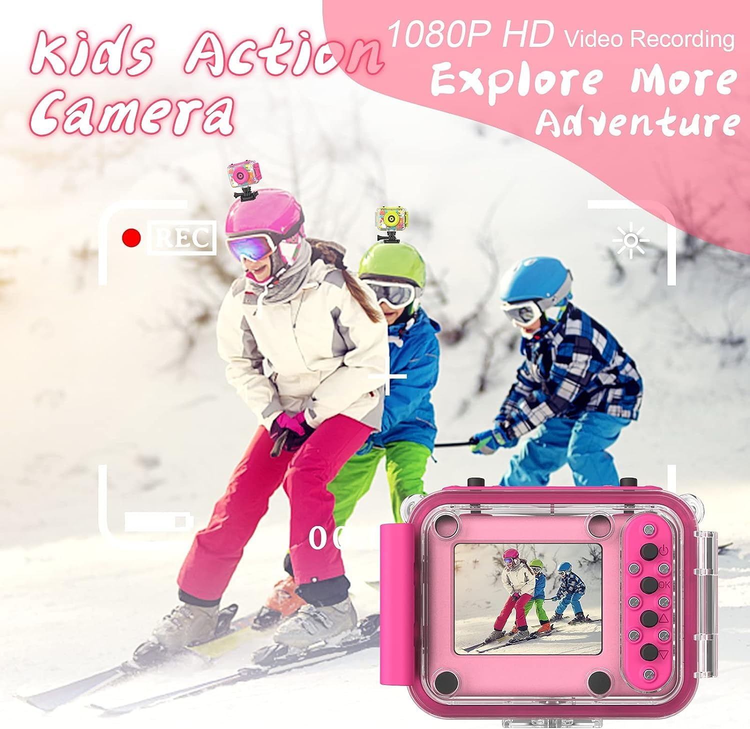 CHAKEYAKE Macchina Fotografica Bambini,2.0” Fotocamera Digitale Impermeabile Bambini, 1080P 180 °Flip Len, Subacquea Macchina Fotografica Giocattolo Videocamera con Scheda SD 32G per Bambini 3-12 anni