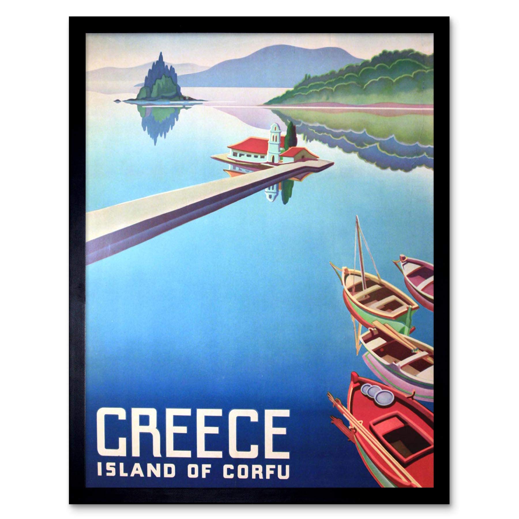 Wee Blue Coo Travel Island Corfu Greece Boats Pier Art Print Framed Poster Wall Decor 12X16 Inch