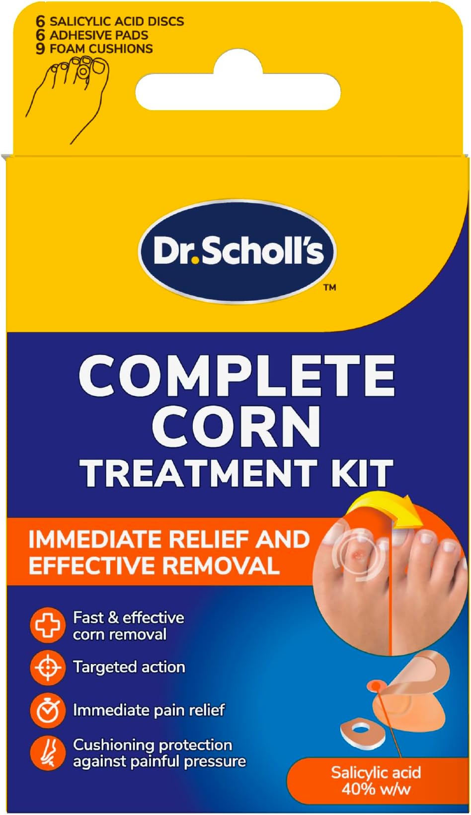 Scholl Complete Corn Removal Treatment Kit, 1 Pack - Medicated Action with Salicylic Acid, Includes 6 Pads, 6 Medicated Discs, and 9 Cushions for Effective Corn Removal