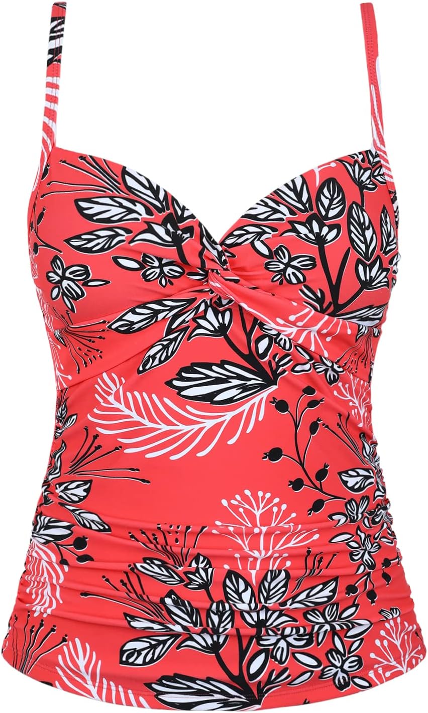 Mycoco Vネック タンキニ トップス 女性用 水着 腹部コントロール スイムトップ フリル付き パッド入り水着 トップス