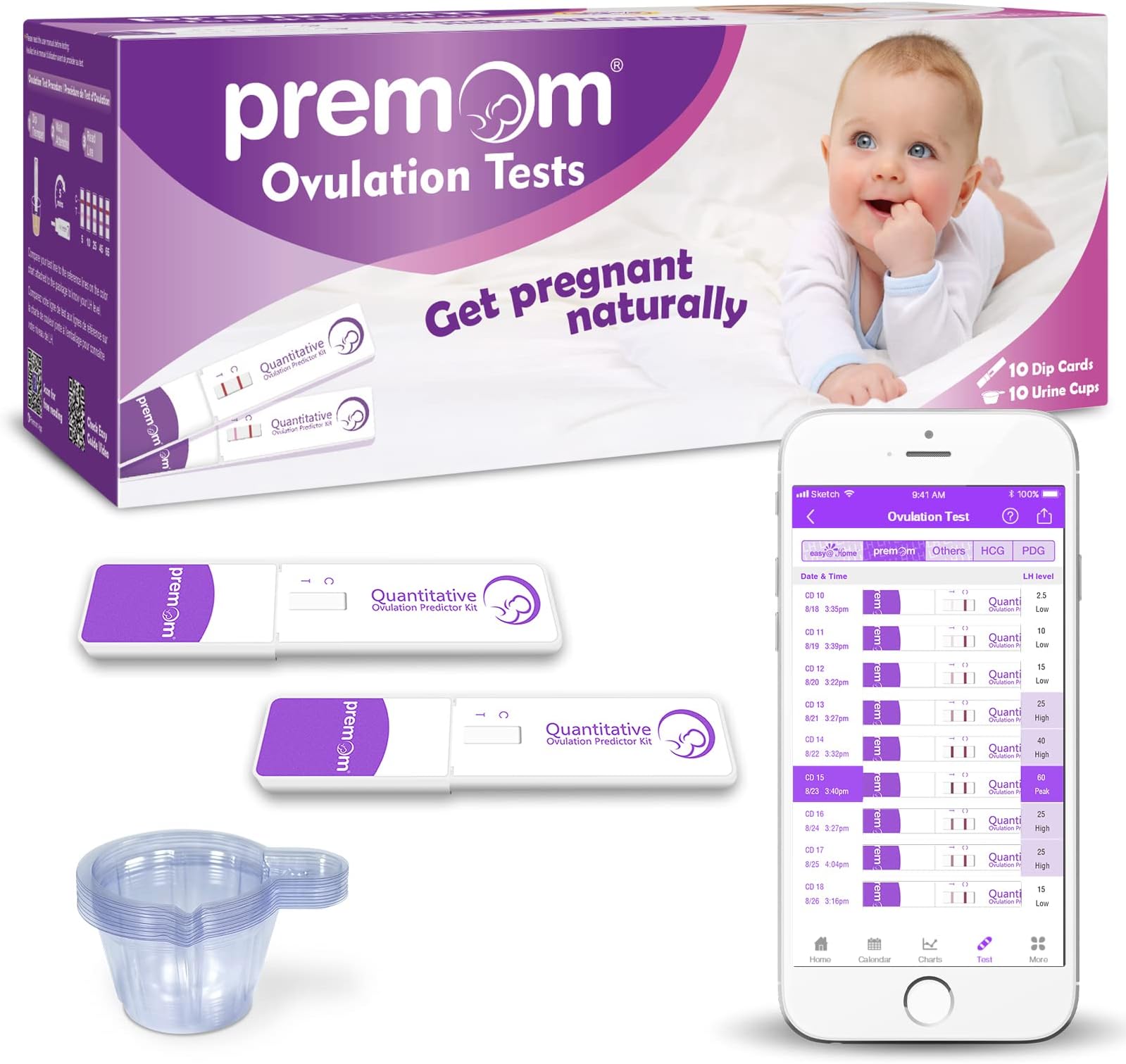 Premom Quantitative Ovulation Test Dip Card, Ovulation Predictor Kit with Digital Ovulation Reader APP, Numerical Ovulation Tests, 10 Free Urine Cups Included,10 LH Tests