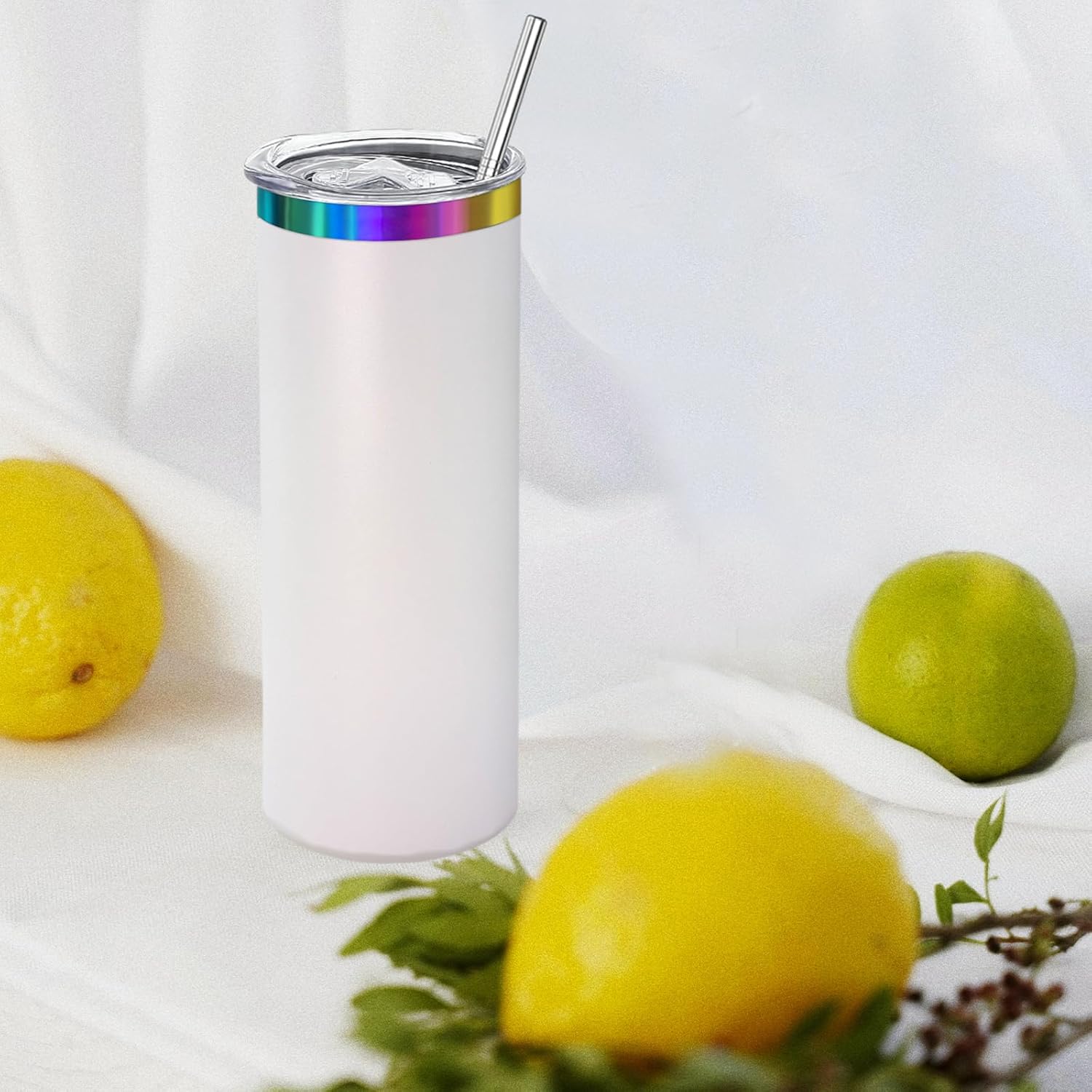 YOUKE OLA 12 Pack Rainbow Plated Stainless Steel Tumbler Straight Double Wall Powder Coated for Laser Engrave, 20oz White to Iridescent - Image 5