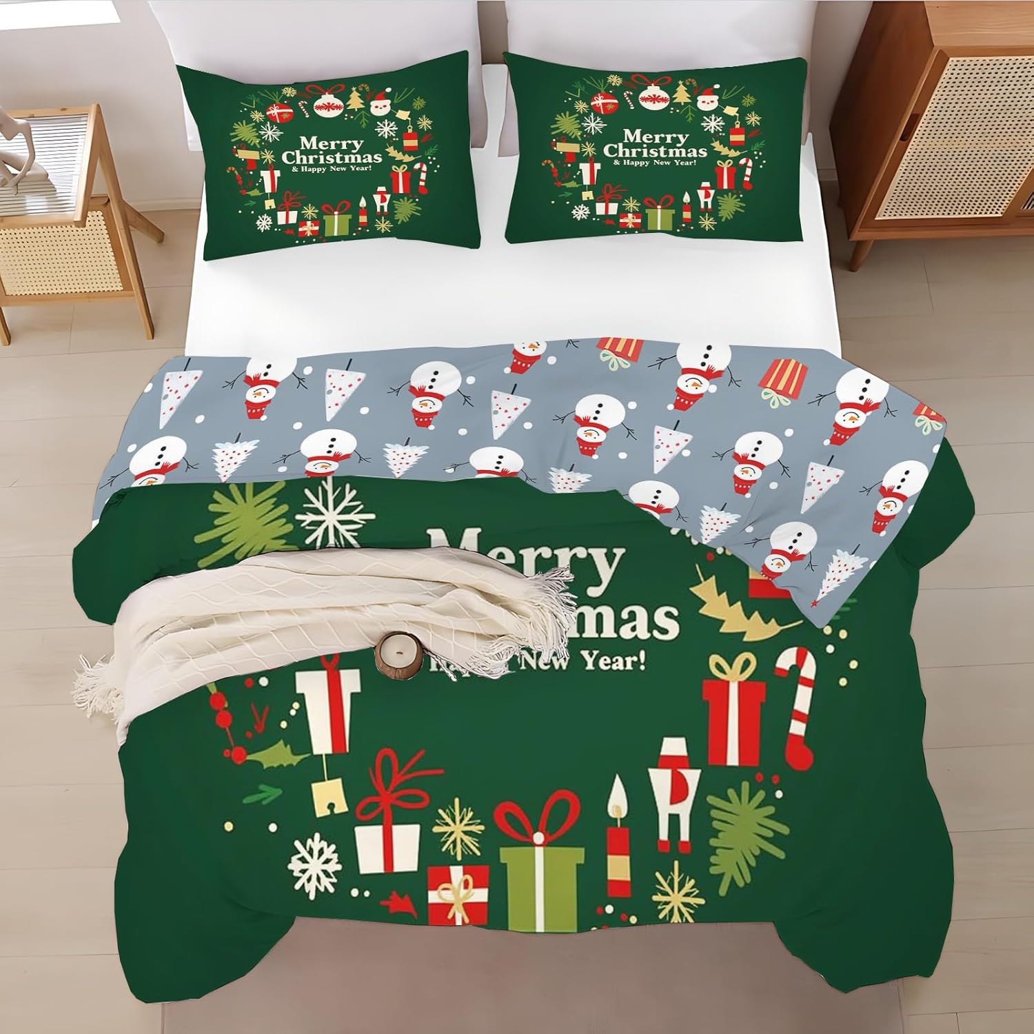 Christmas Quilt Set Queen - Green Christmas Letters Quilts for Queen Size Bed, Christmas Theme for Teenagers Pattern Bedding Set - Soft Microfiber Lightweight Coverlet Bedspread Comforter