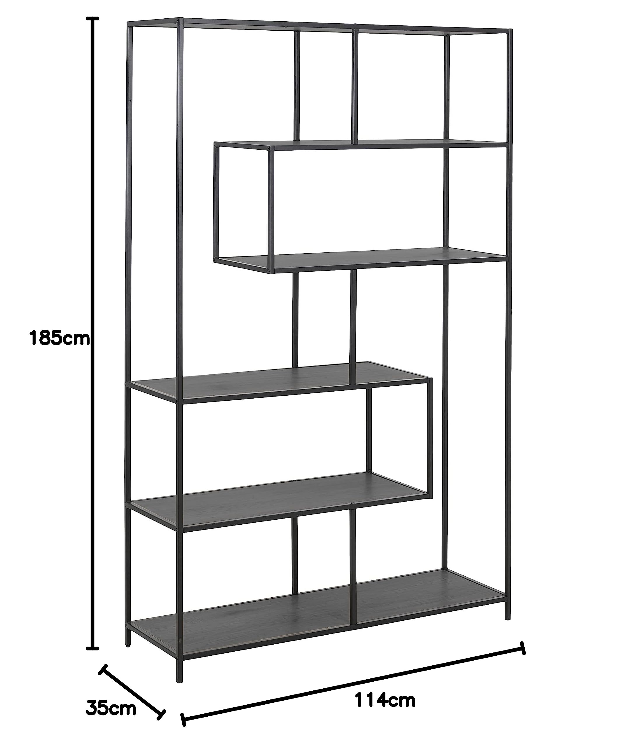 AC Design Furniture Jörn asymetryczny regał na książki z 5 półkami, wys. : 185 x szer.: 114 x głęb.: 35 cm, czarny jesion/czarny, drewno/metal, 1 szt.