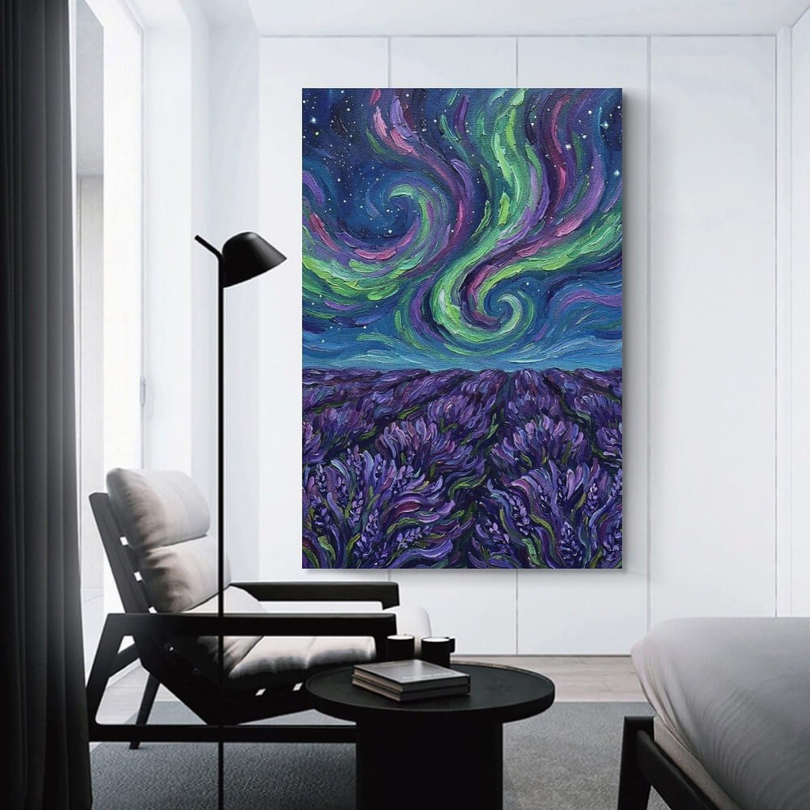 Junmoney Lavender Field Under Aurora Painting Wall Decor Canvas Print, 20x30inch(50x75cm), for Home Lounge, Bedroom Or Reading Nook, Decorative Artwork for Empty Walls