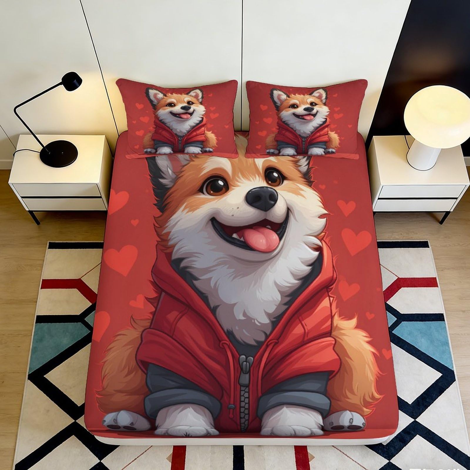 Pnayamiorkfel Style-3 3D Printed Corgi Cartoon Fitted Sheet Microfiber Red Hoodie Dog Bed Cover For Bedroom Guestroom Decor Washable 90X200x25cm