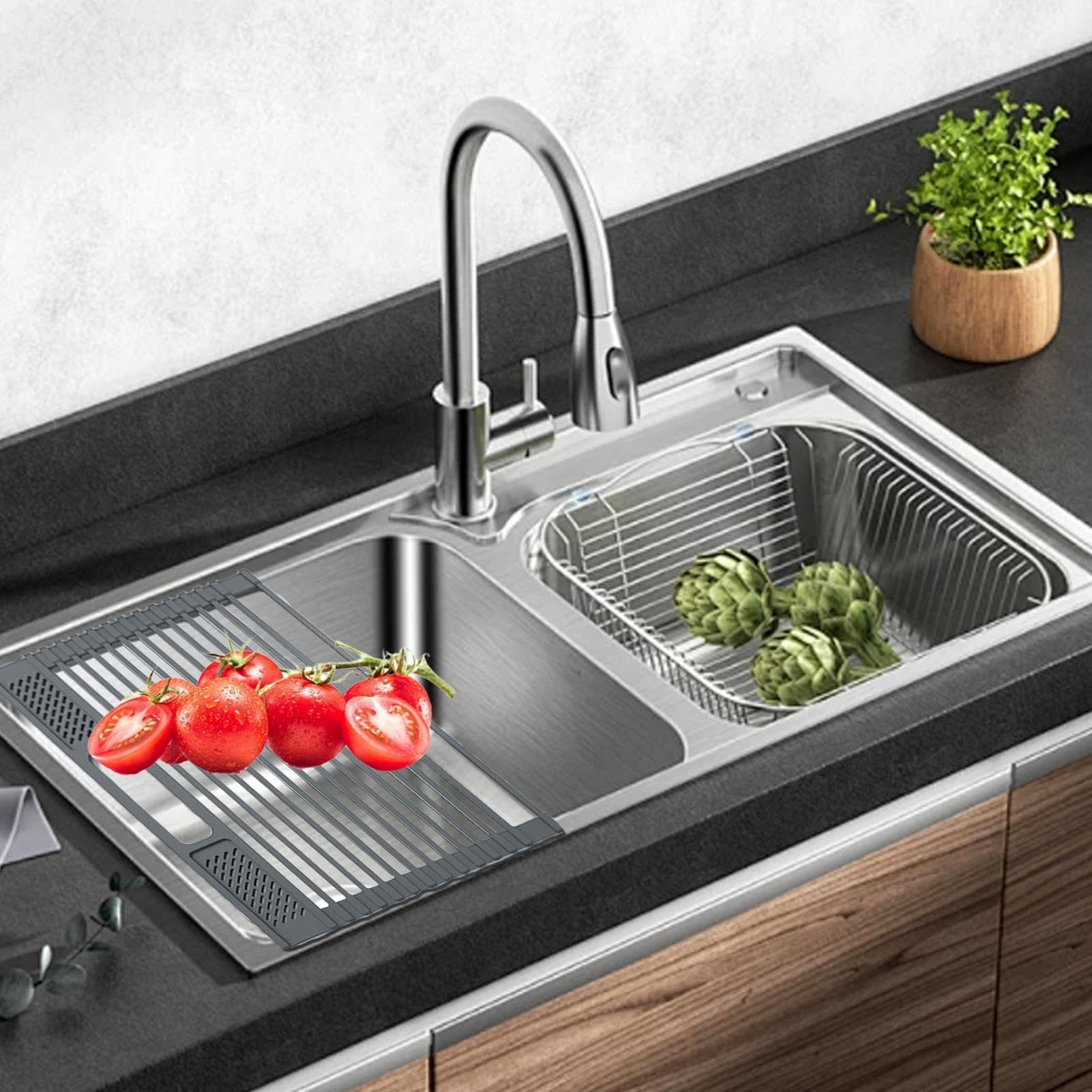 Tappetino scolapiatti pieghevole per lavello – 42 x 30,5 cm in acciaio | rivestito in silicone, pieghevole, griglia sgocciolabile sopra il , portaoggetti compatto sul piano di lavoro della