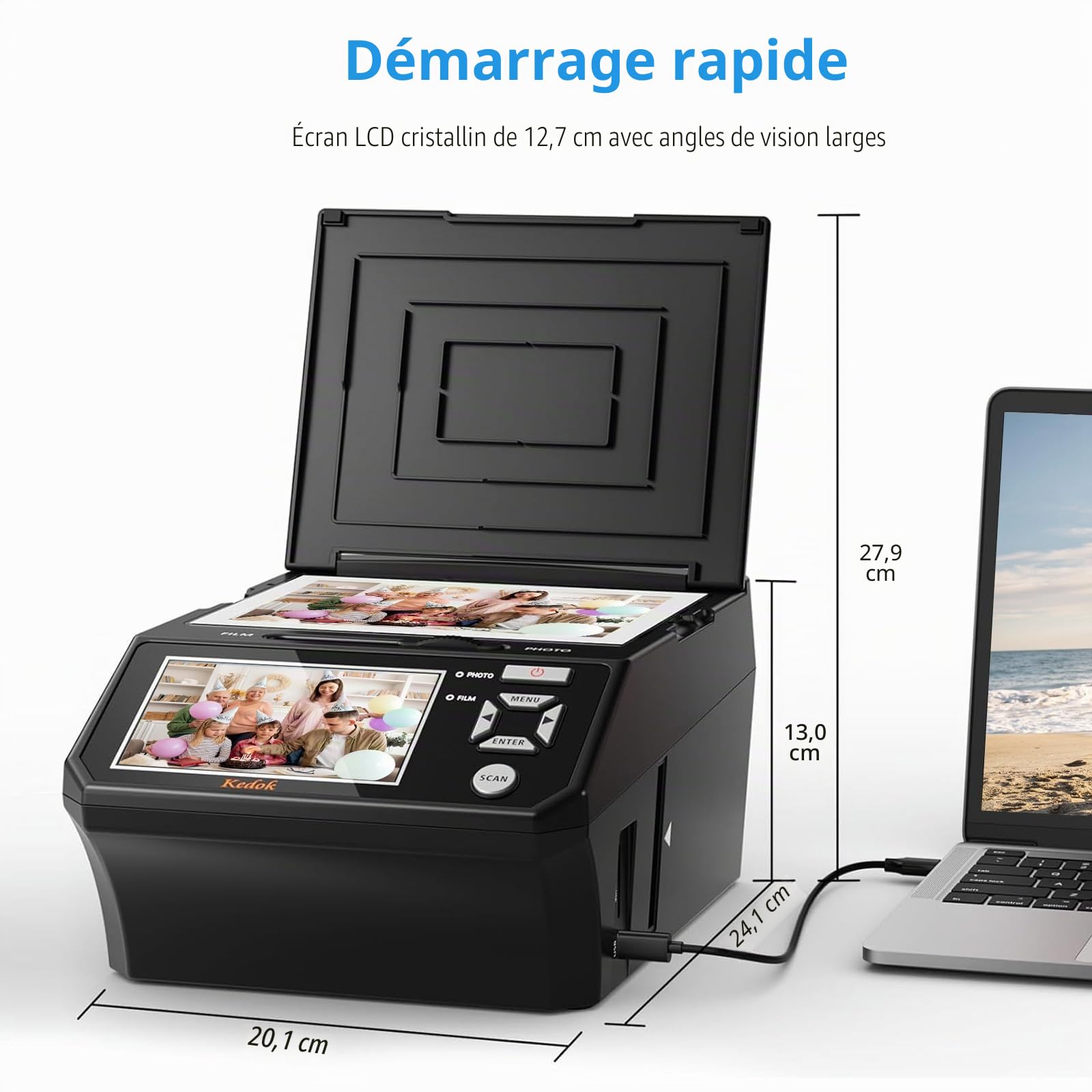 Scanner de films et de diapositives numériques avec écran LCD de 5 pouces, convertit des films 35 mm et 110 mm, photos et cartes de visite en JPEG haute résolution 22 MP