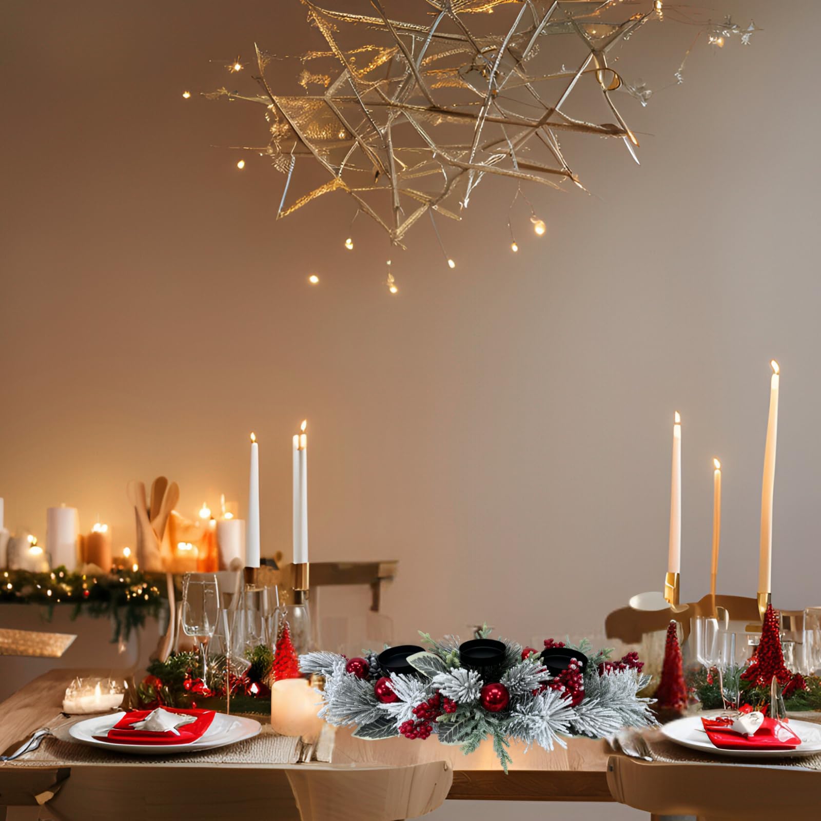 Svndlyn Portavelas de Navidad, 3 portavelas, centro de mesa de Navidad con ramas de pino nevadas, piñas, bayas rojas