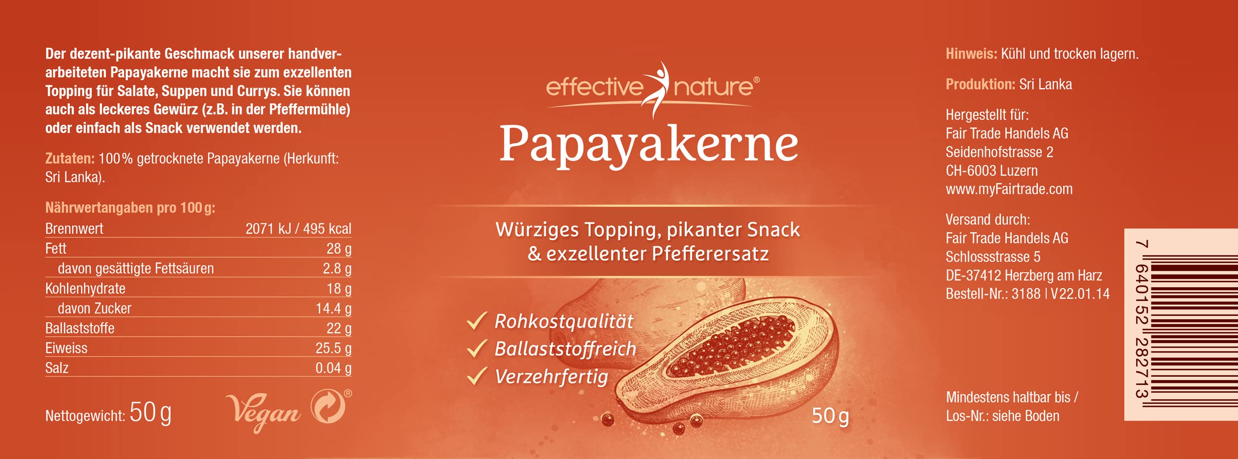 Papaya Kerne getrocknet - 50 g - Enthält das Enzym Papain - Getrocknete Papaya Samen in Rohkostqualität - Papaya-Pfeffer ohne Zusatzstoffe - Würziges Topping