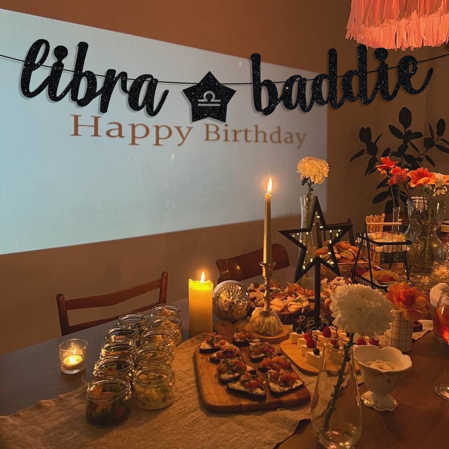 Faixa Libra Baddie Aniversário - Banner Zodíaco Ouro Preto Com Glitter - Decoração Festa