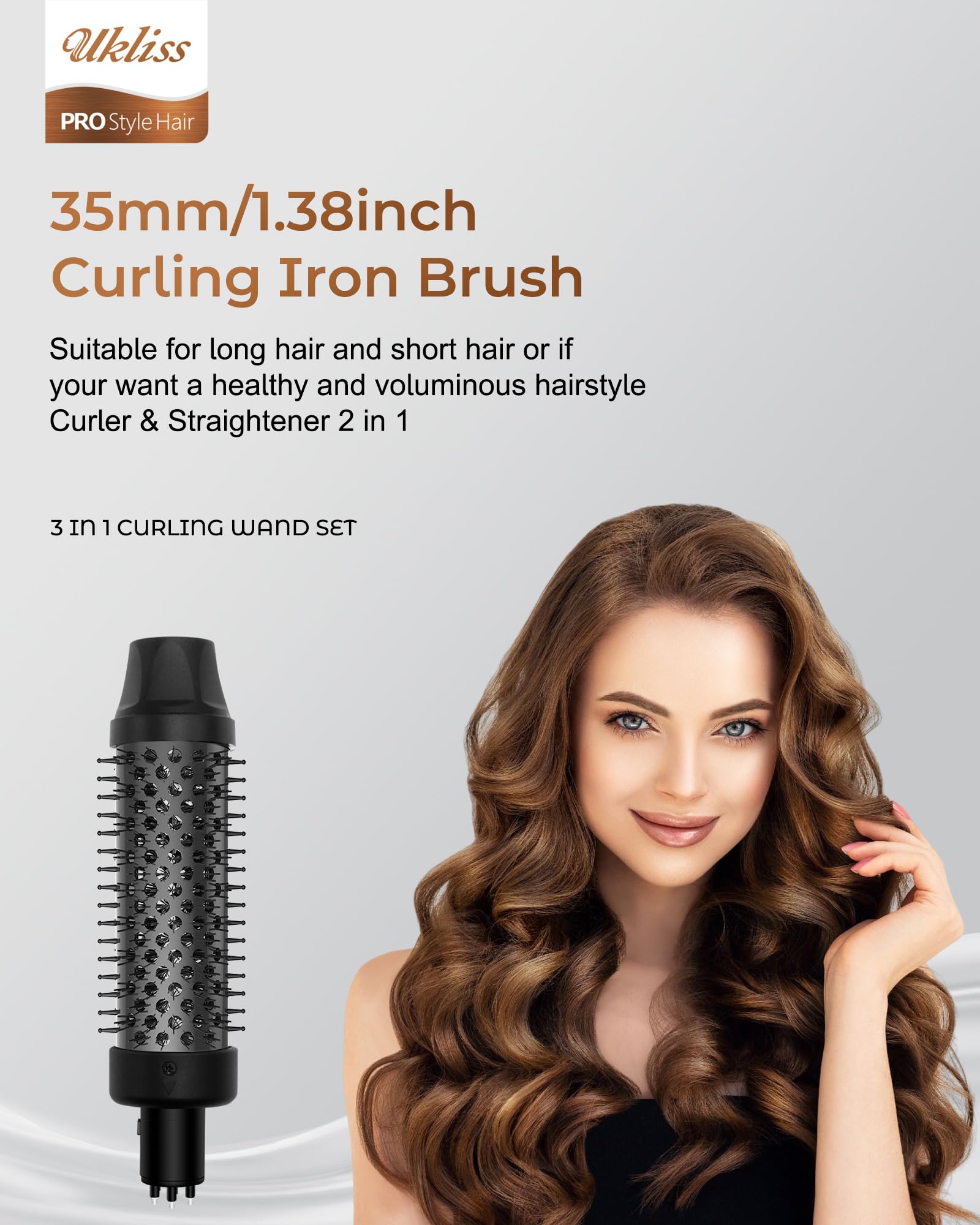 UKLISS Thermal Brush 3 en 1 Fer à Friser 9mm/19mm/28mm Curling Wand Brosse Thermique Hair Curler