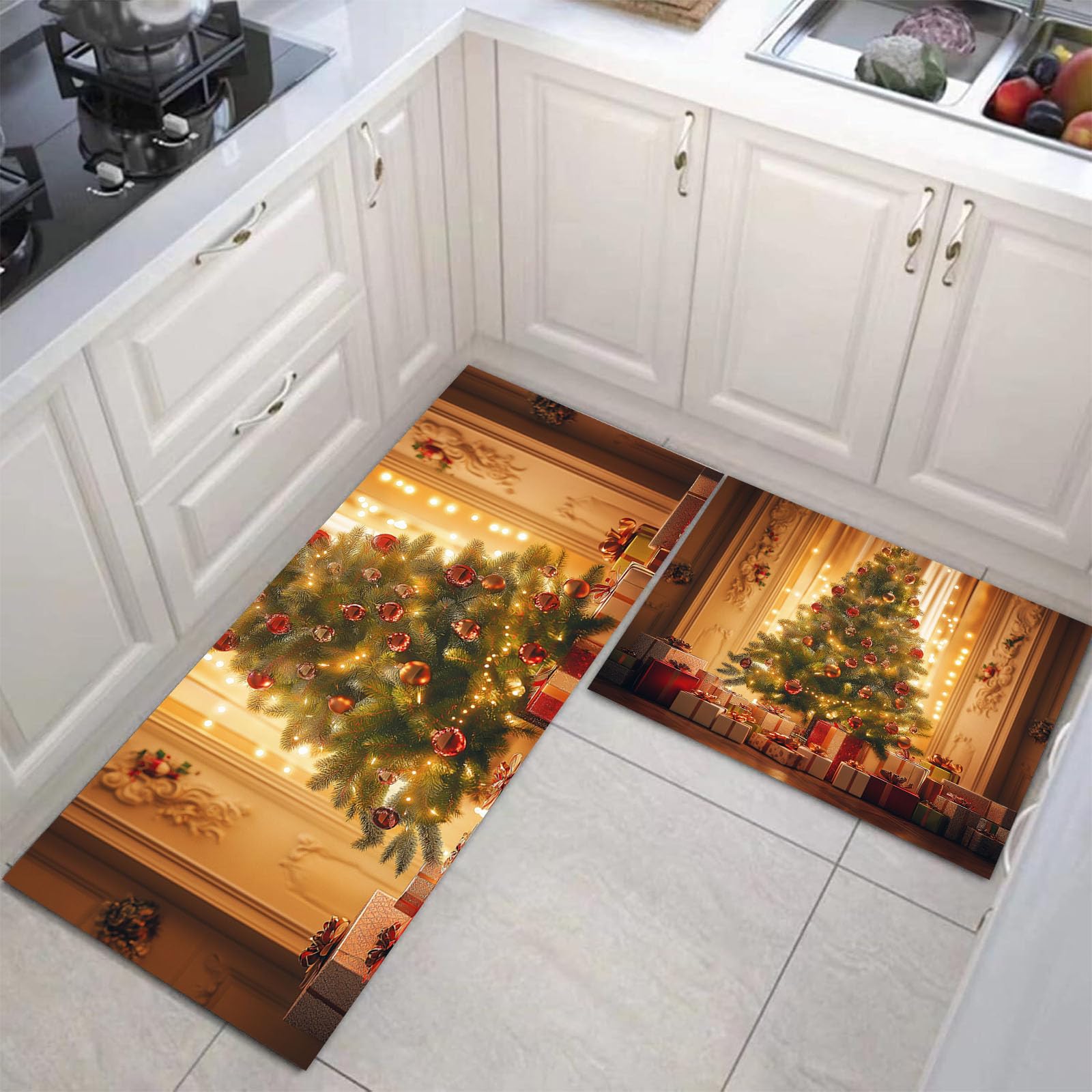 Alfombras de cocina antideslizantes y lavables con diseño de árbol de Navidad