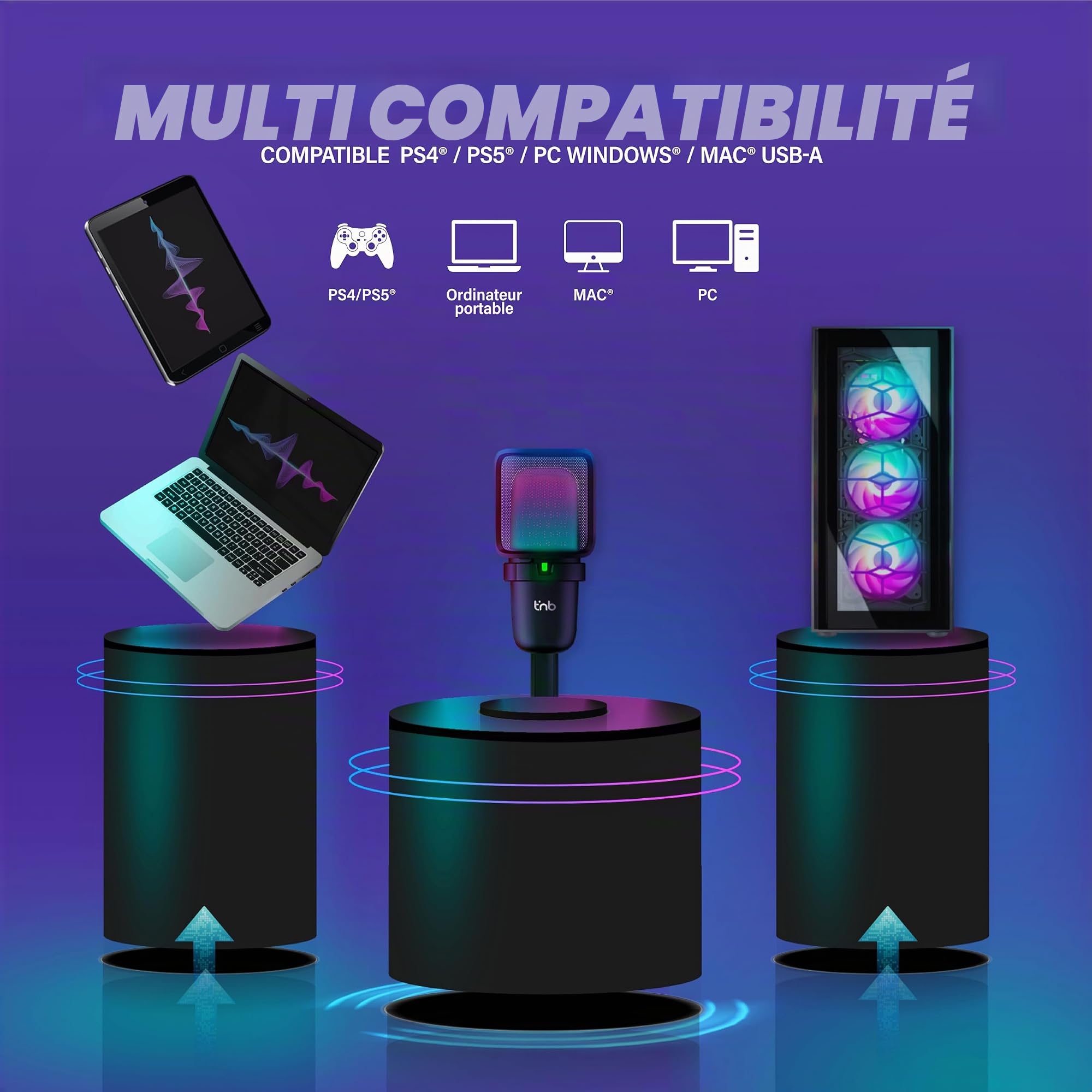 T'nB - Microphone USB à Condensateur pour PC et PlayStation PS4/PS5, Microphone Gaming Lumière RGB, Streaming et Podcast, idéal Youtube, Twitch, Discord et Jeux Vidéo - Noir