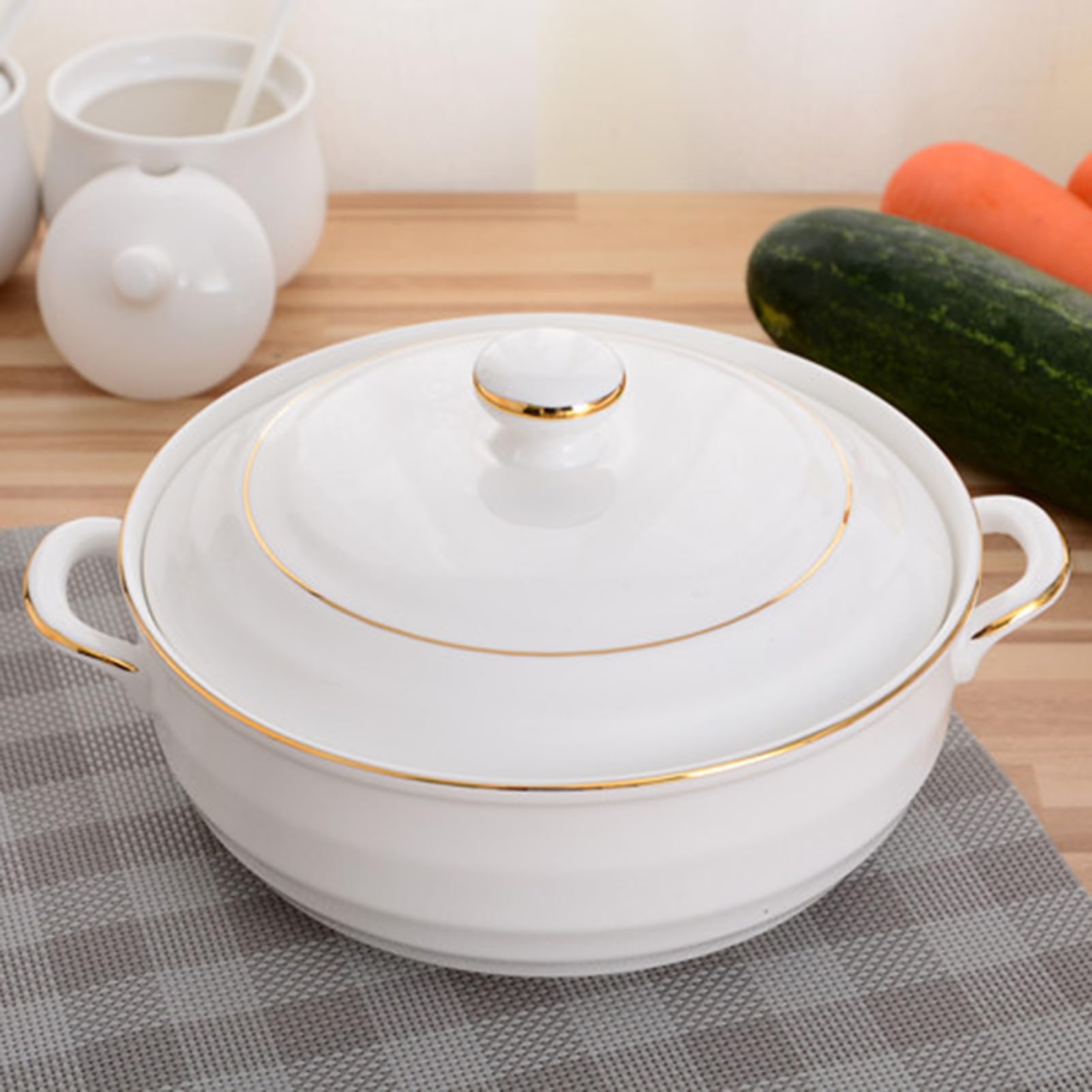 ceramiczny garnek do duszenia, Małe miedziane rondle, waza do zupy, biała porcelana, zestaw z pokrywką i chochlą, okrągły(White)