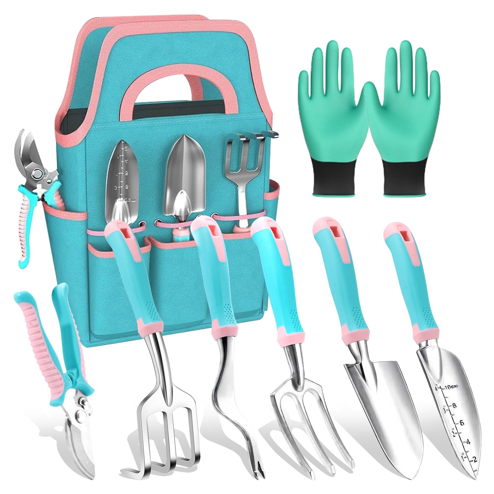 MelonArt Set di attrezzi da giardino, 8 pezzi, kit di attrezzi da giardinaggio per donne, resistente, in lega di alluminio con manico ergonomico antiscivolo, regalo ideale per donne e uomini, verde e