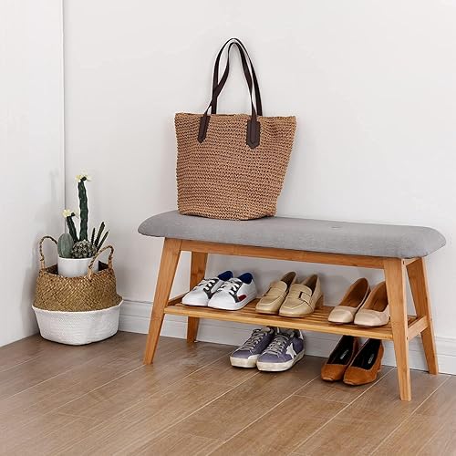 Miniatura 2 de Banco de zapatos de bambú, banco de entrada, banco de zapatos de 2 niveles (natural, 35.4 pulgadas)