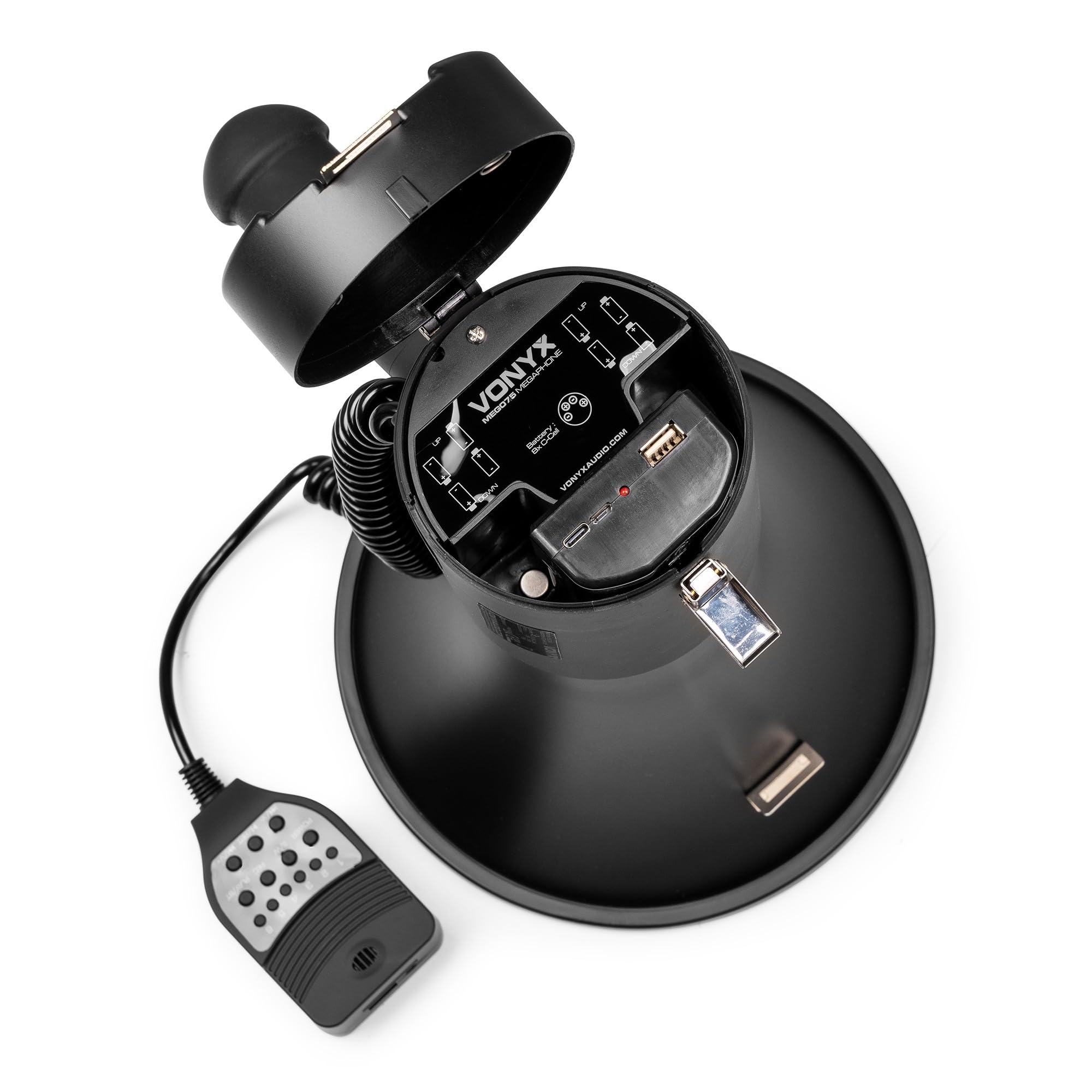 VONYX MEG075 Pack Mégaphone 75W - avec 1x Batterie Rechargeable MRB12, Portée Jusqu’à 1,3 km, Micro Main Détachable, Bluetooth & Lecteur MP3, Idéal pour Manifestations et Matchs Sportifs