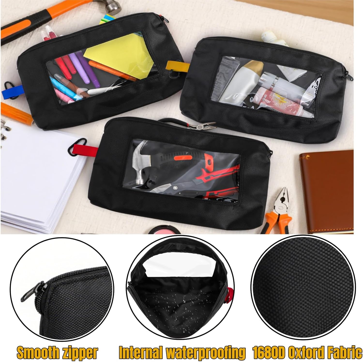 3 Pack 12.5 Inch Small Tool Pouch with Clear Window, 1680D Oxford Heavy-Duty Tool Bags Organizer with Belt Clip, Utility Zipper Pouches for Tool Organizers and Storage, Electricians