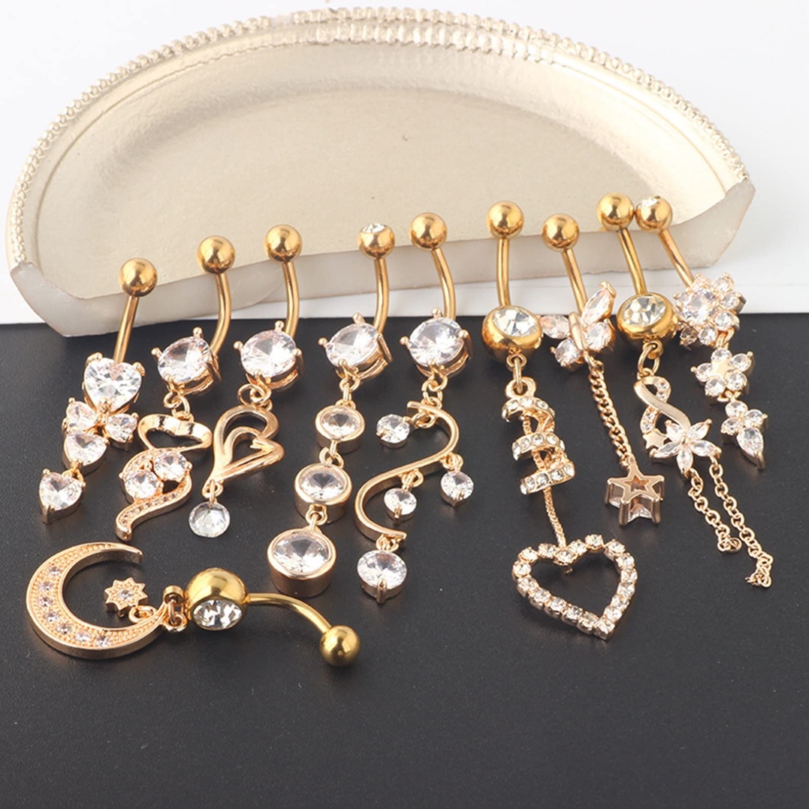 Bauchnabel Piercing, Bauchnabelpiercing Glitzer Edelstahl 10 Stück 14G Bauchnabelpiercing Damen Weiß Rund Zirkonia Herz Mond Sonne Design