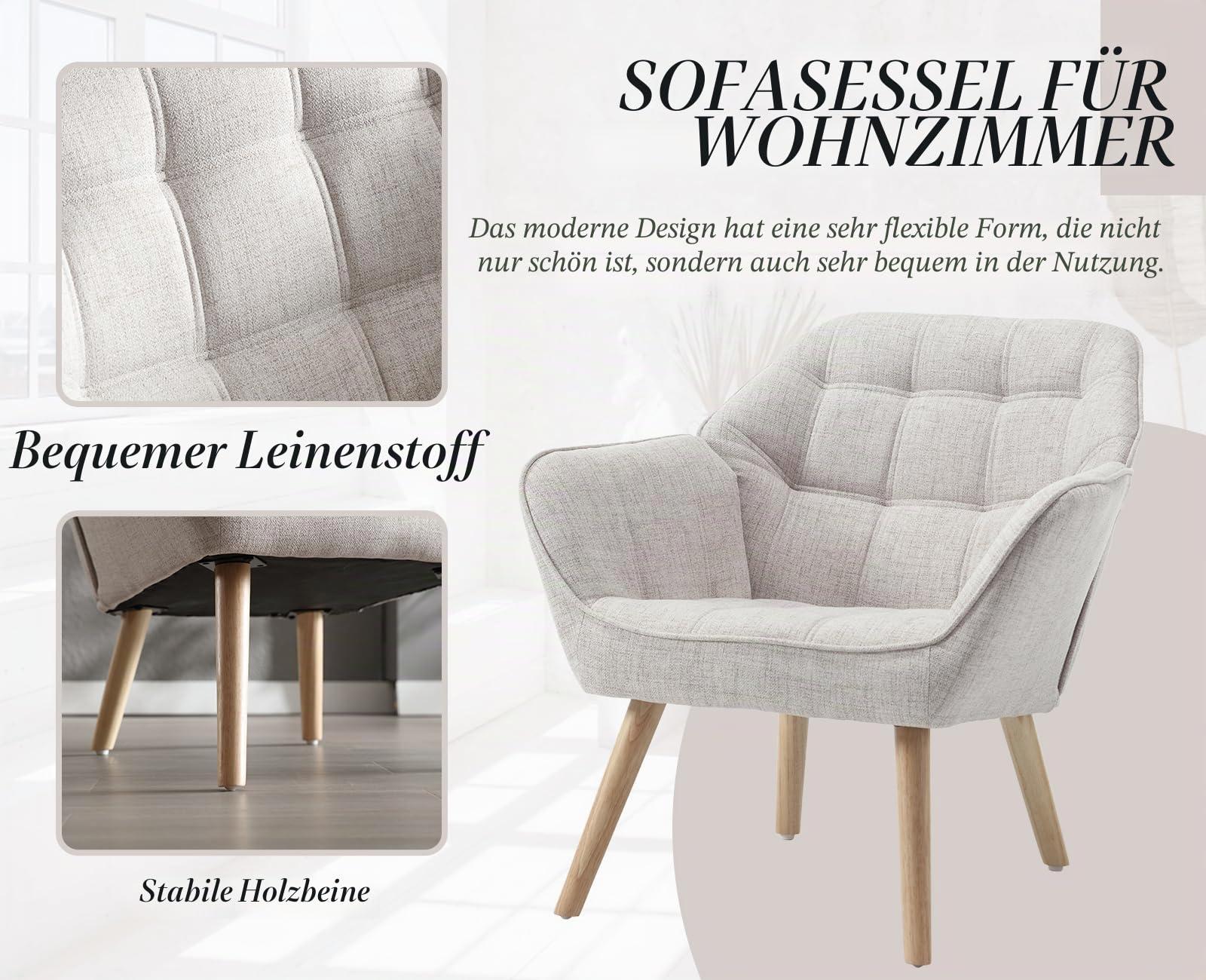 Ya-Home Akzentstuhl Sessel 2er Set, Gepolsterter Armlehnstuhl Lesestuhl mit Holzbeinen aus Leinen, Lesestuhl Einzelsofa Fernsehsessel für Wohnzimmer Schlafzimmer Lounges, Beige