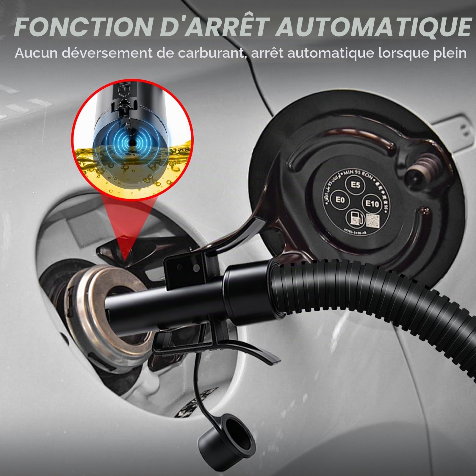 Pompe de Transfert de Carburant Électrique, 3.2 GPM (12 L/min) | Capteur d'arrêt Automatique,Tuyau 1.3m,4 Adaptateurs,Rechargeable,Tête de pompe de 28 mm,3 Options D'Alimentation Électrique