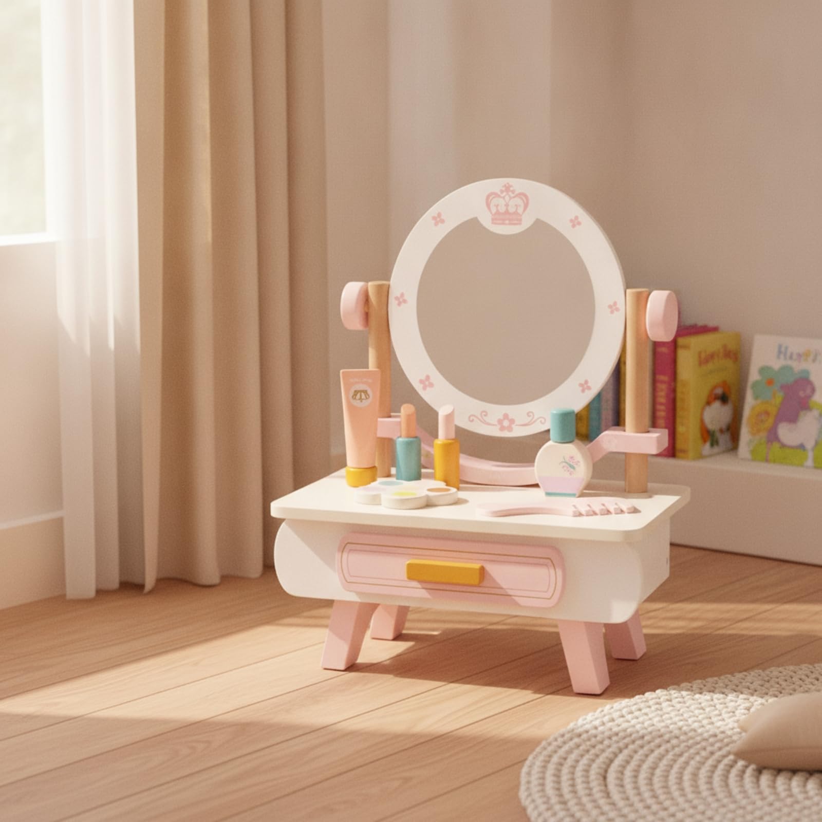 Tocador Infantil con Espejo Seguro Tocador con Cajón Irrompible Mesa Maquillaje para Niñas, Tocador De Madera Clásico con Espejo Redondo Y Cajón, Diseño De Juguete De Simulación para Niñas
