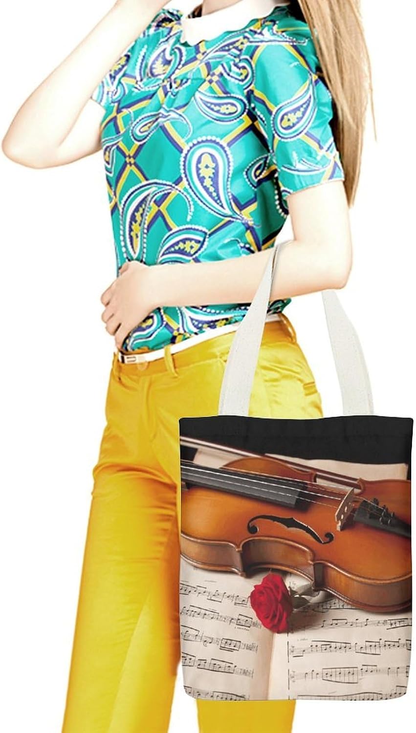 Violin Sheet Music Canvas Tote Bags with Zipper Cute Stylish Reusable Shoulder Bag Aesthetic Canvas Handbag for Women Lady Casual Vacation Shopping Work Daily Bags image 2