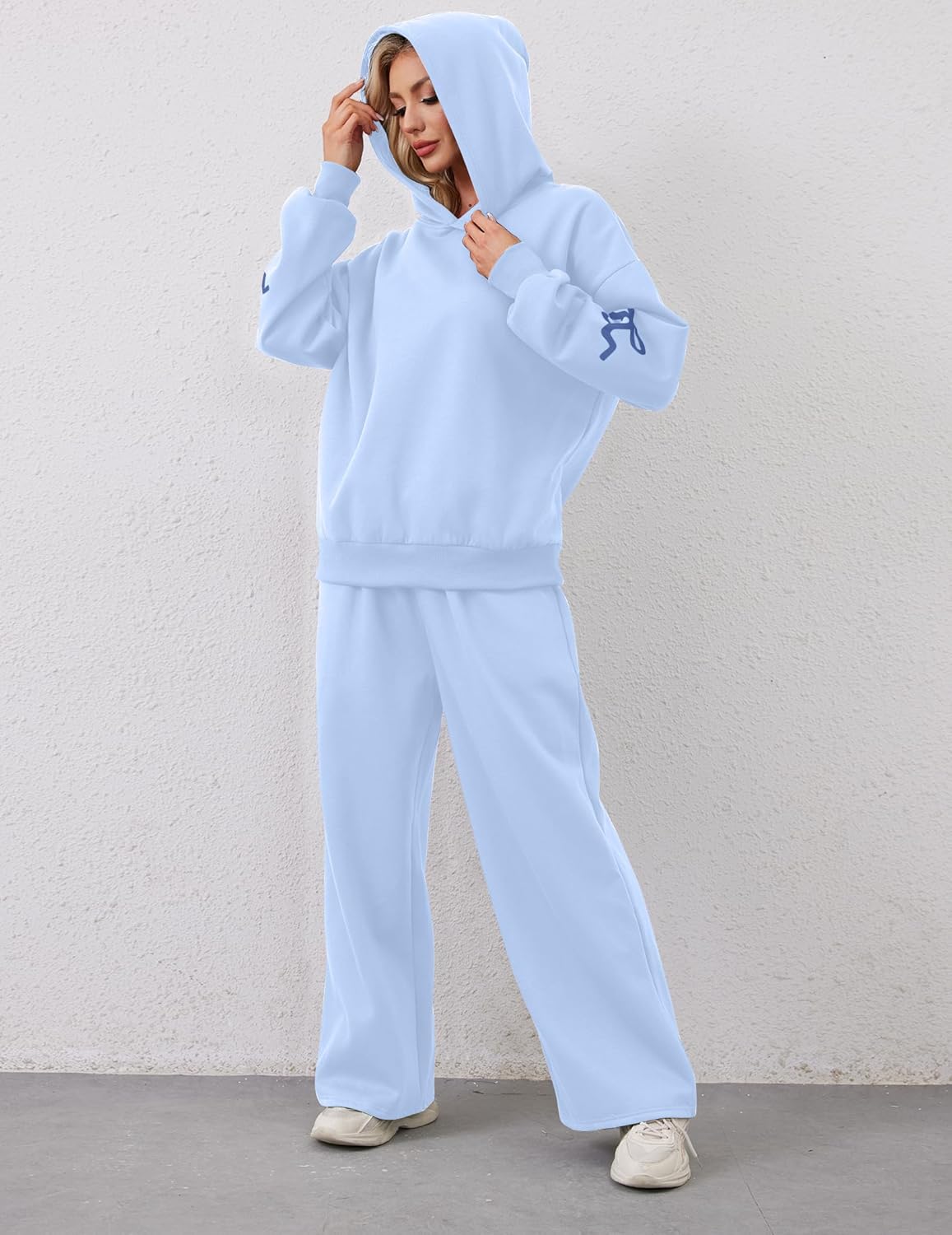 Womens 2 Piece Sweatsuits Bow Print Hoodies Sets Oversized Graphic Hoodie Wide Leg Sweatpants Fall Outfits - Image 5