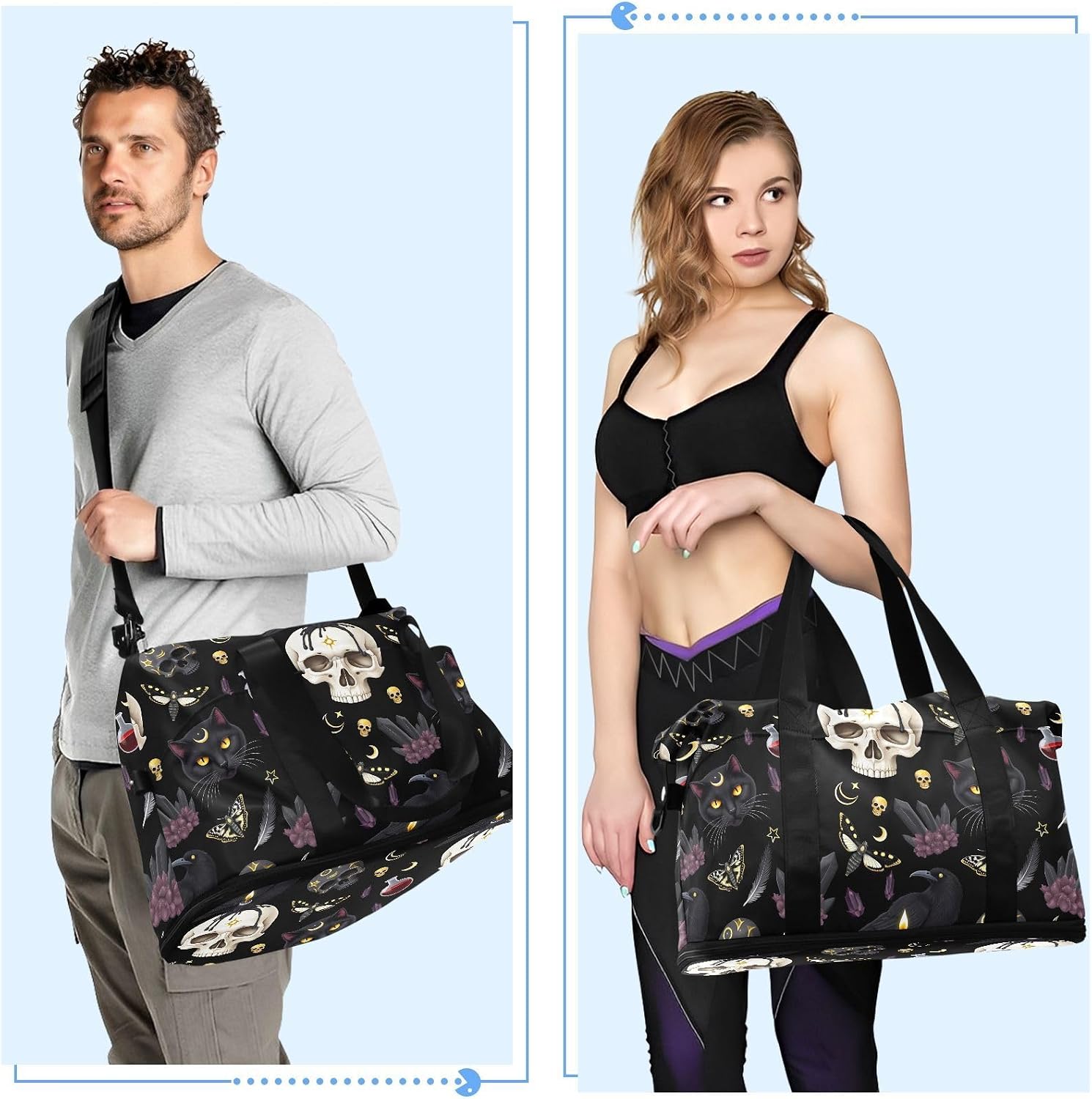 Goth Skull Moth Sports Duffel Tote Bag - Wet Pocket Weekender Overnight Gym Carry On Hospital Bag for Women Men
