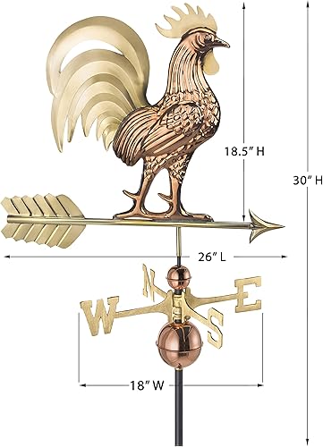 Miniatura 6 de Good Directions Proud Rooster Veleta  Cobre puro y latón (26 pulgadas), adorno para techo, veleta de viento, decoración de techo