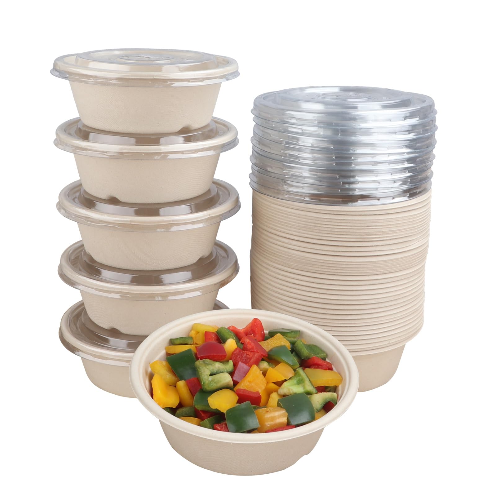 Cuencos desechables redondos de 887 ml con tapas, cuencos de papel de fibra de caña de azúcar para llevar, recipientes de alimentos, fibras vegetales, aptos para congelador, paquete de 50